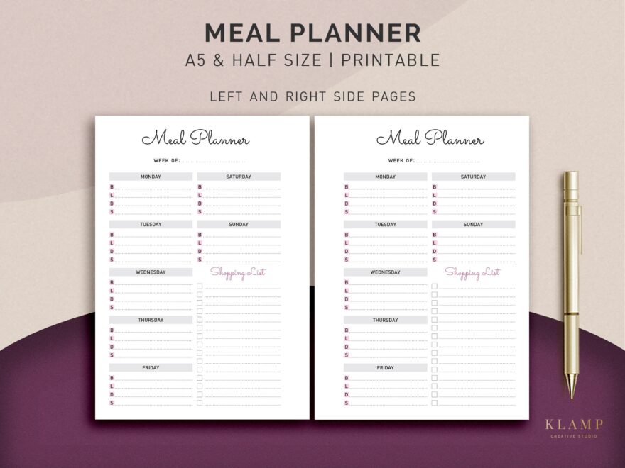A5 Meal Planner Printable Weekly Meal Planner Menu Planner Printable Meal Schedule Shopping List Meal Planner Half Size Food Planner Etsy