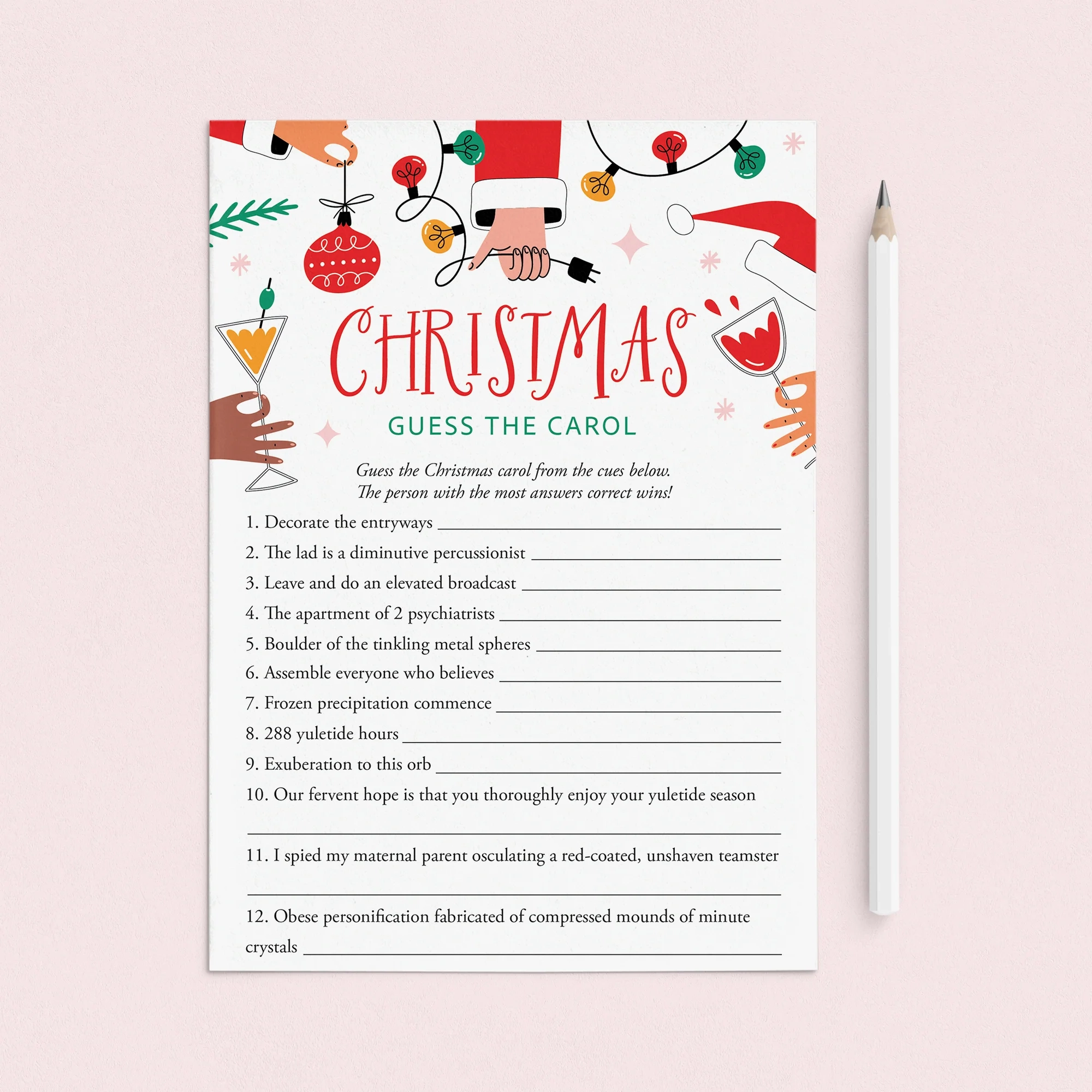 Adult Christmas Game Printable Guess The Carol With Answer Key LittleSizzle