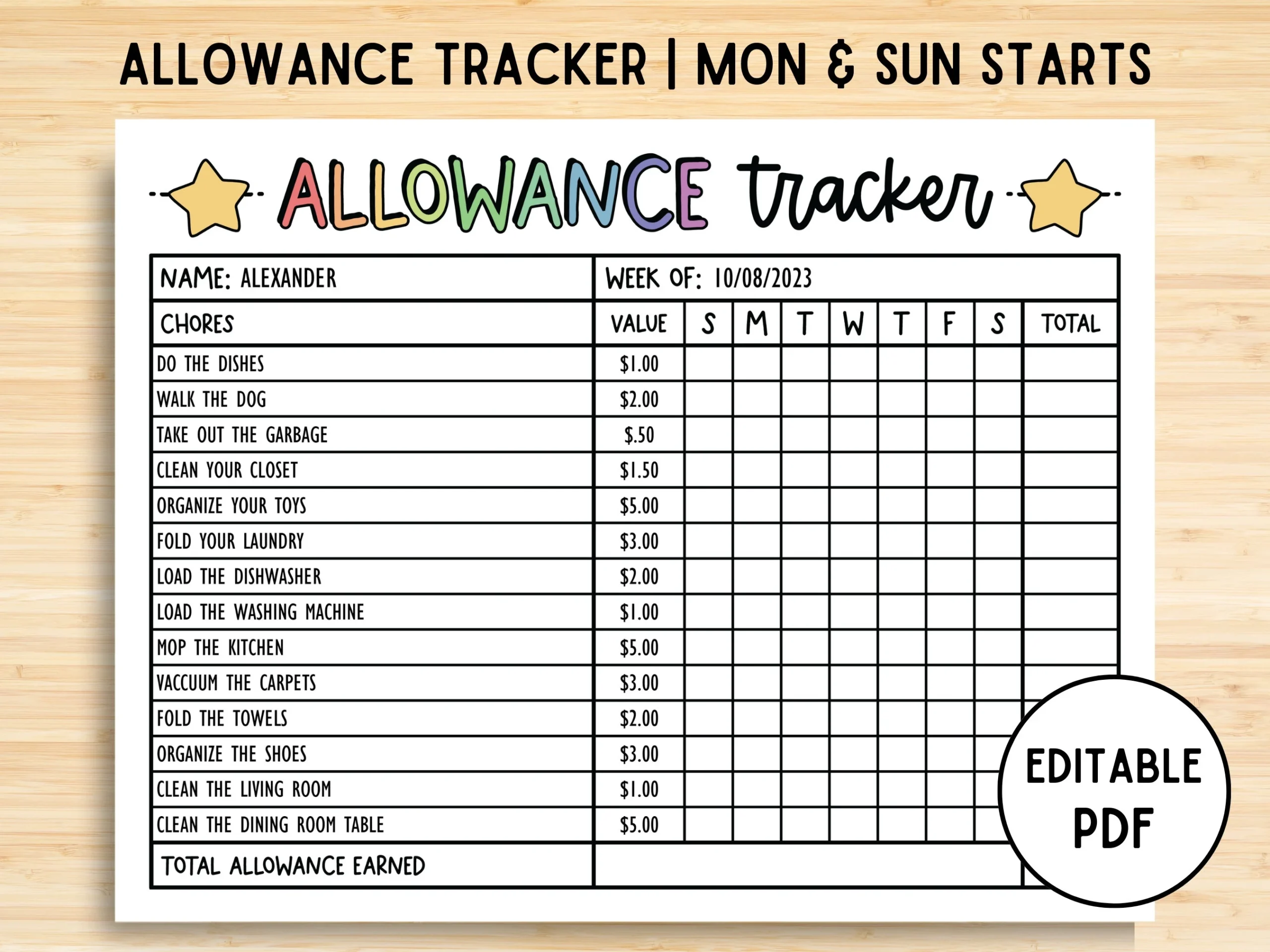 Money Chore Chart Printable
