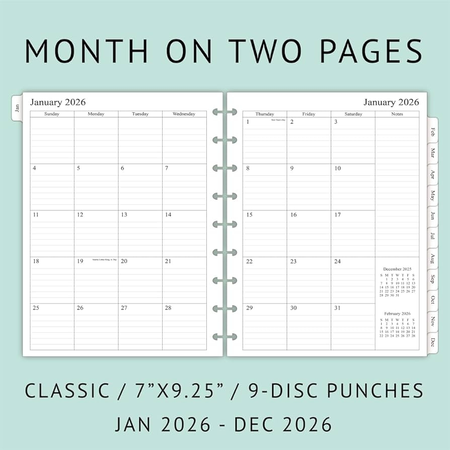 Amazon 2026 Weekly Planner Refills For Happy Planner Classic Notebook 9 Discs Punched Two Pages Per Week Jan 2026 To Dec 2026 7 X 9 1 4 Office Products