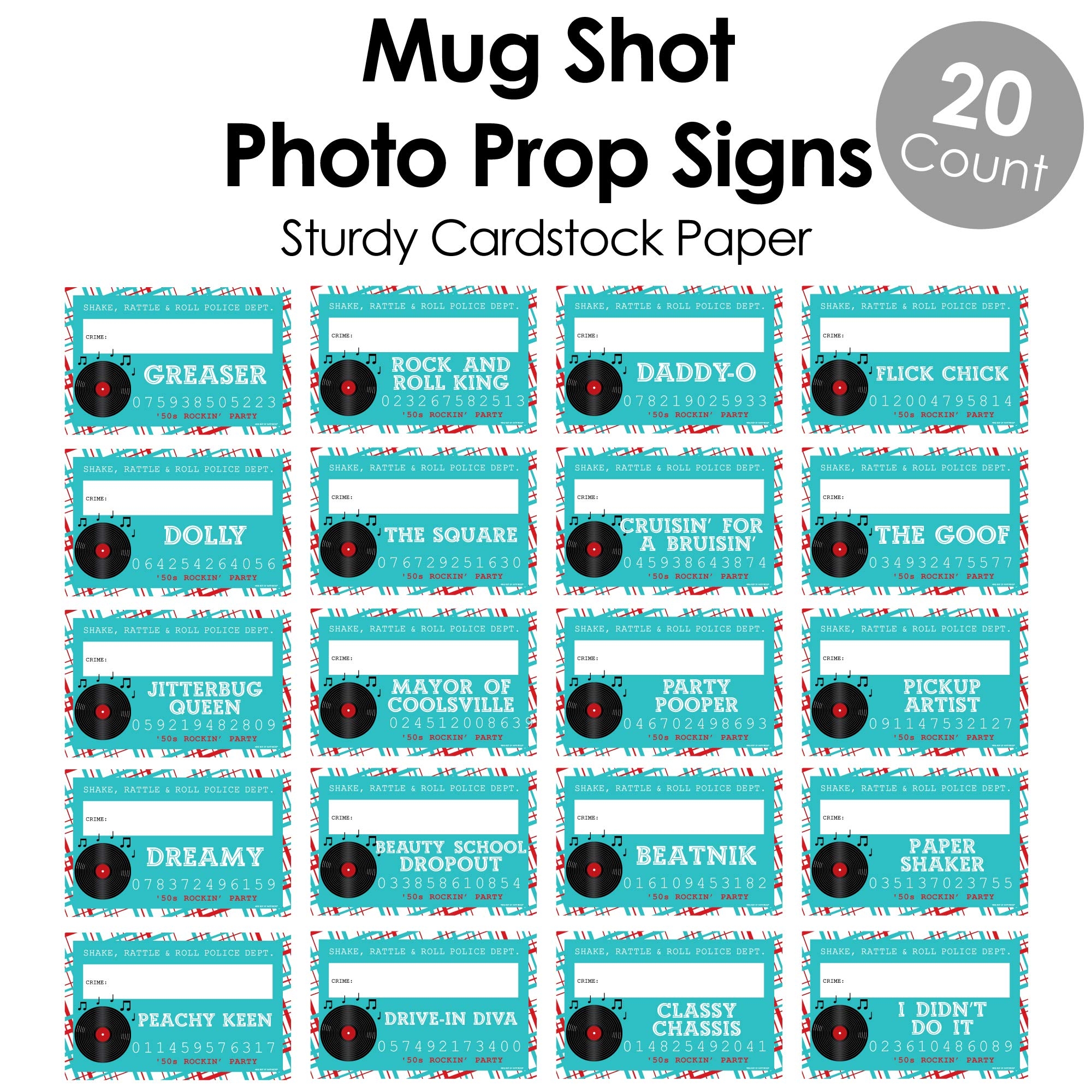 Amazon Big Dot Of Happiness 50 s Sock Hop Party Mug Shots Photo Booth Props 1950s Rock N Roll Party Mugshot Signs 20 Count Home Kitchen