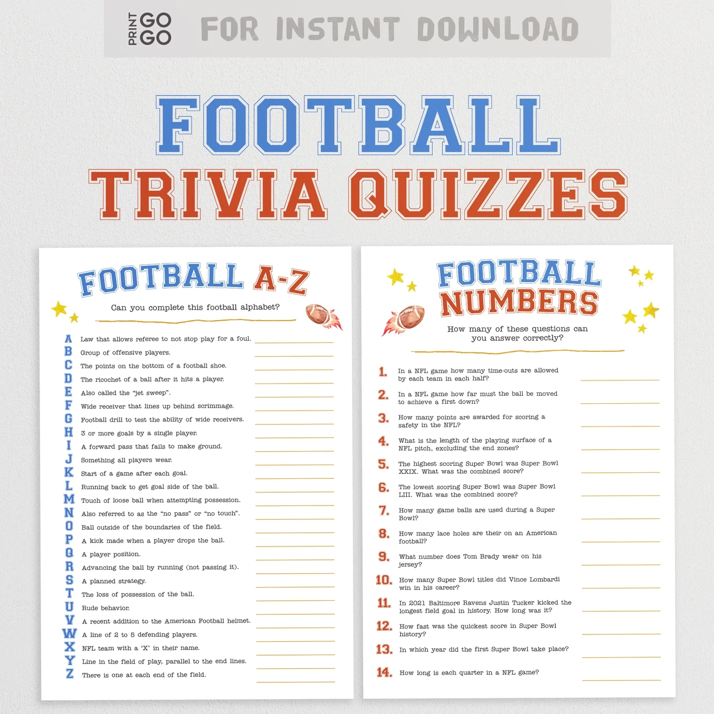American Football Trivia Quizzes Printable Super Bowl Party Games Print GoGo