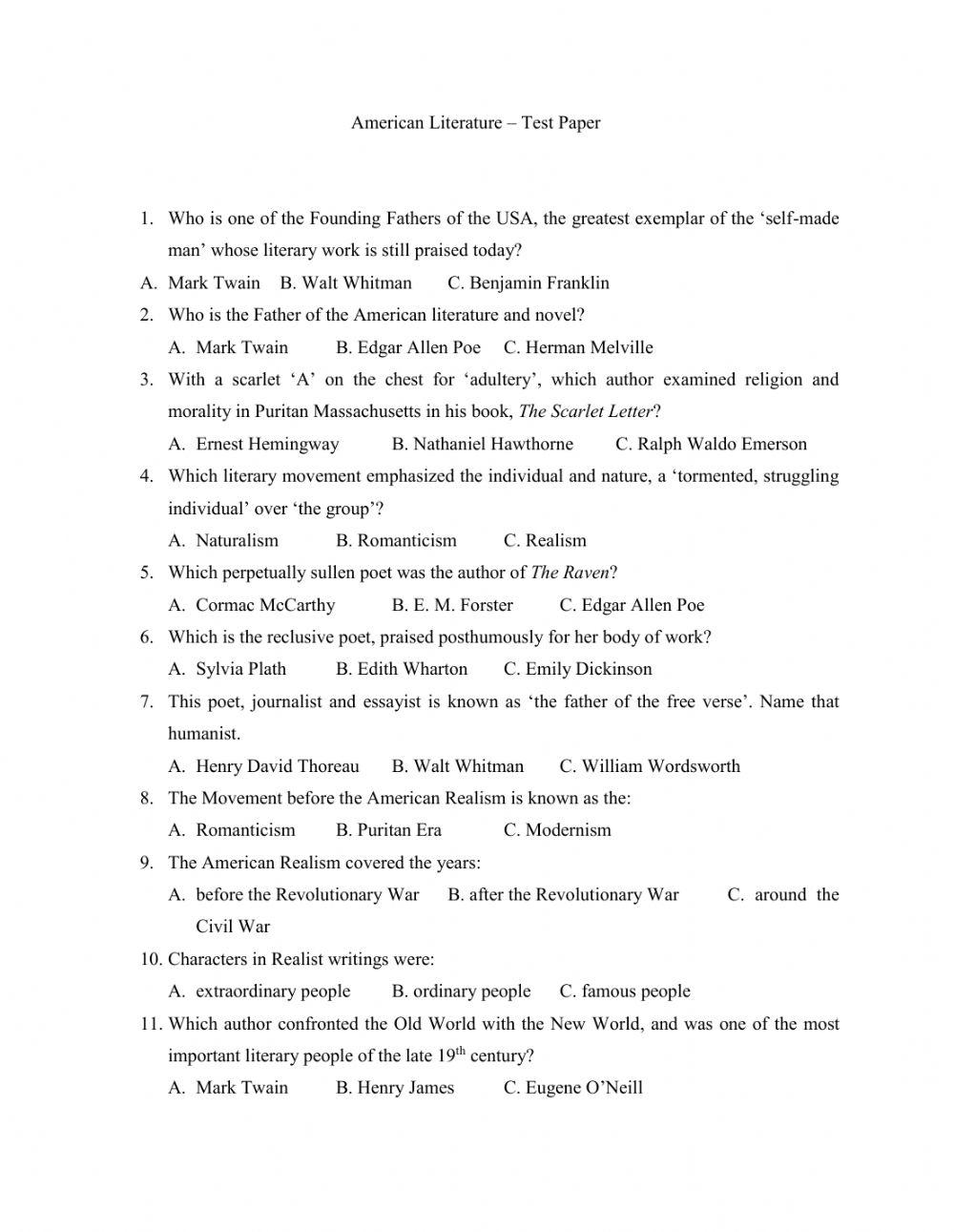 American Litera Free Interactive Worksheets 644607
