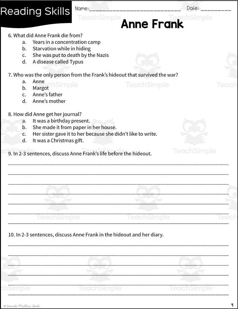 Free Anne Frank Study Guide Printable