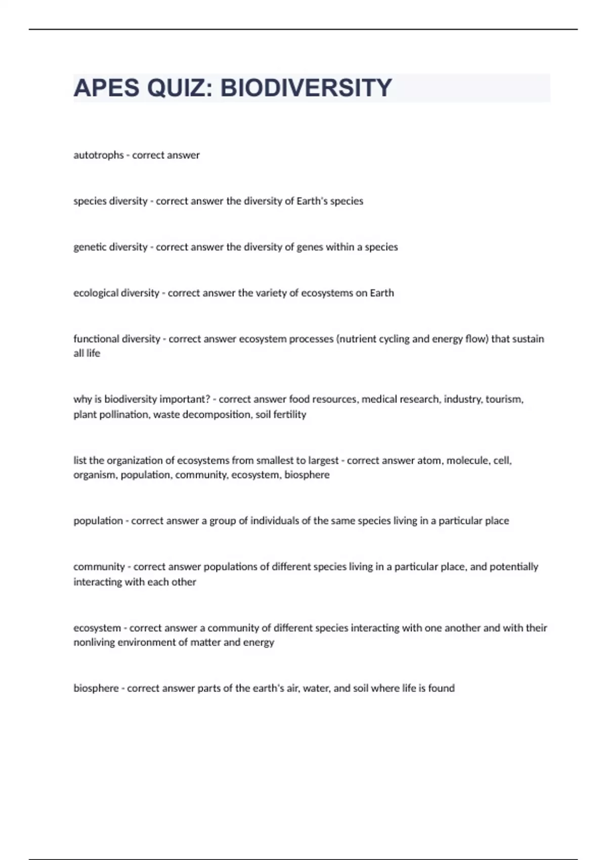 APES QUIZ BIODIVERSITY Questions With Complete Solutions 2023 2024 Apes Stuvia US APES QUIZ BIODIVERSITY Questions With Complete Solutions 2023 2024 Apes Stuvia US