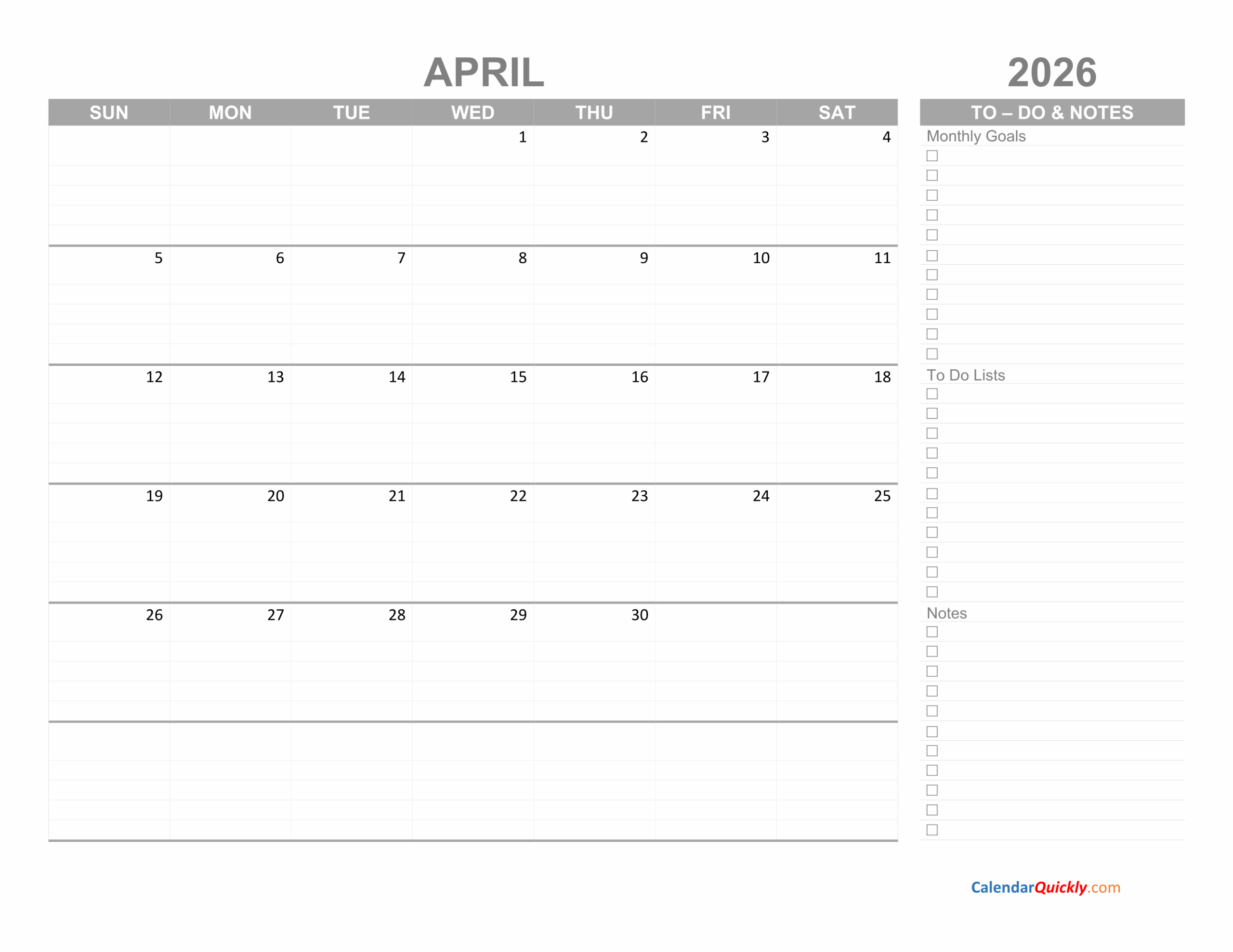April 2026 Calendar With To Do List Calendar Quickly