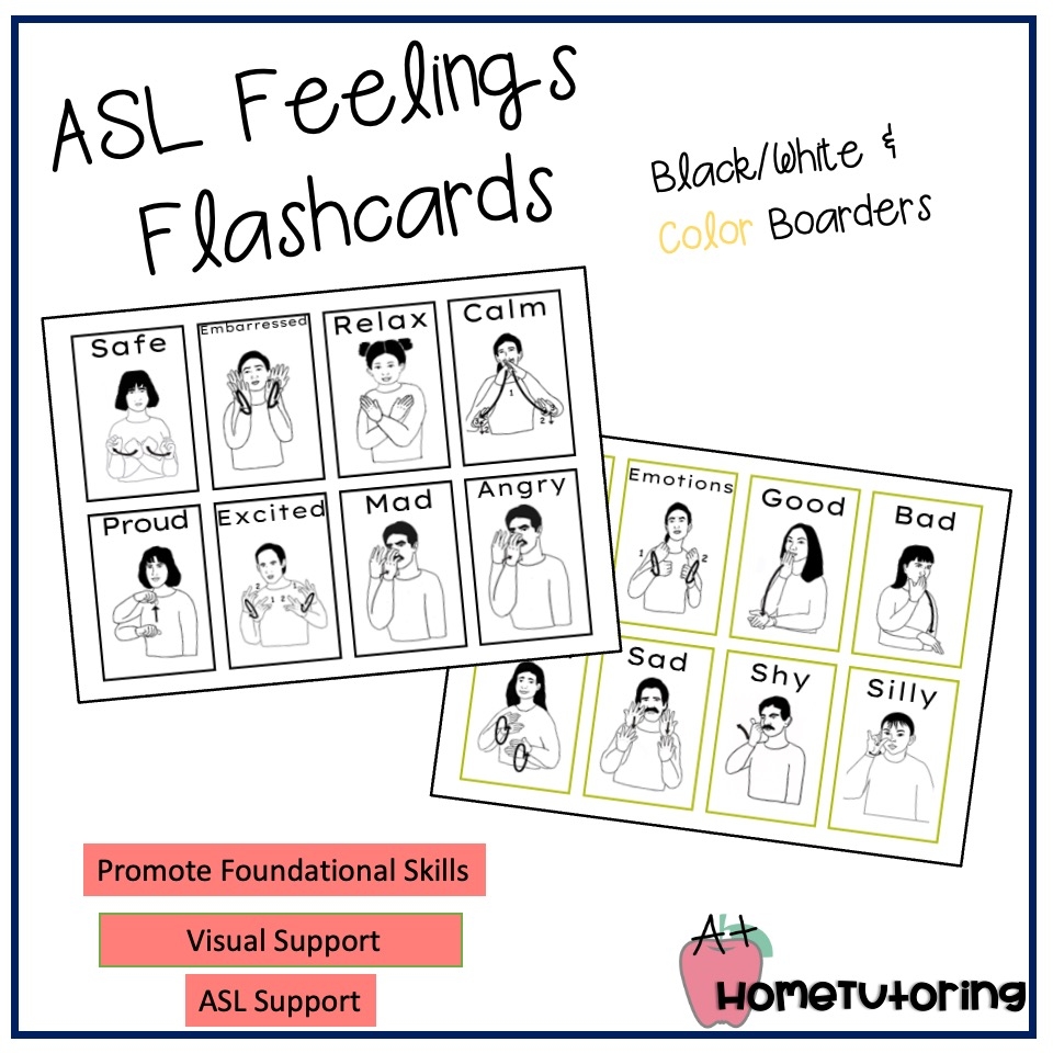 ASL Feelings Flashcards B W Color Boarders Classful