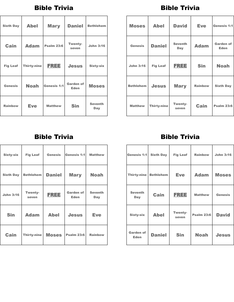Bible Trivia Bingo Cards WordMint