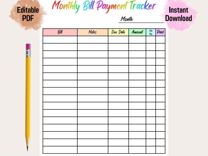 Bill Payment Tracker Rainbow Color Printable Editable Monthly Bill Tr Funny Print For You
