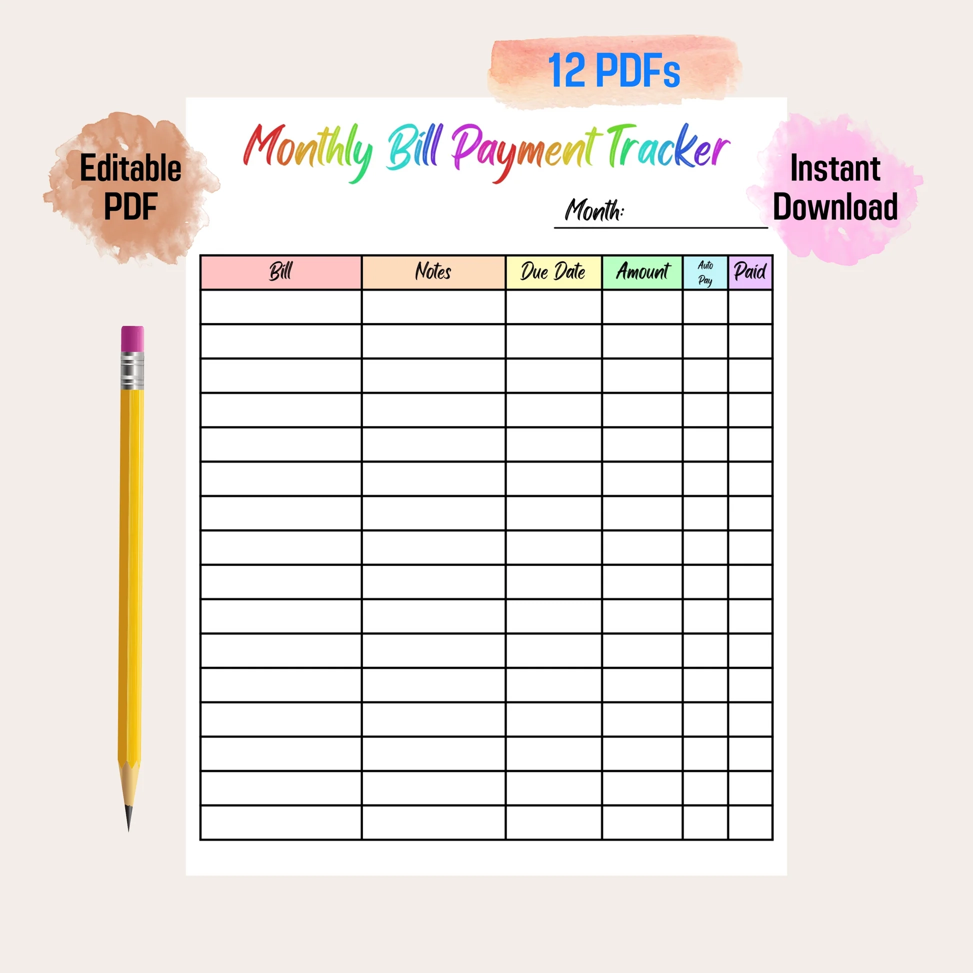 Bill Payment Tracker Rainbow Color Printable Editable Monthly Bill Tr Funny Print For You