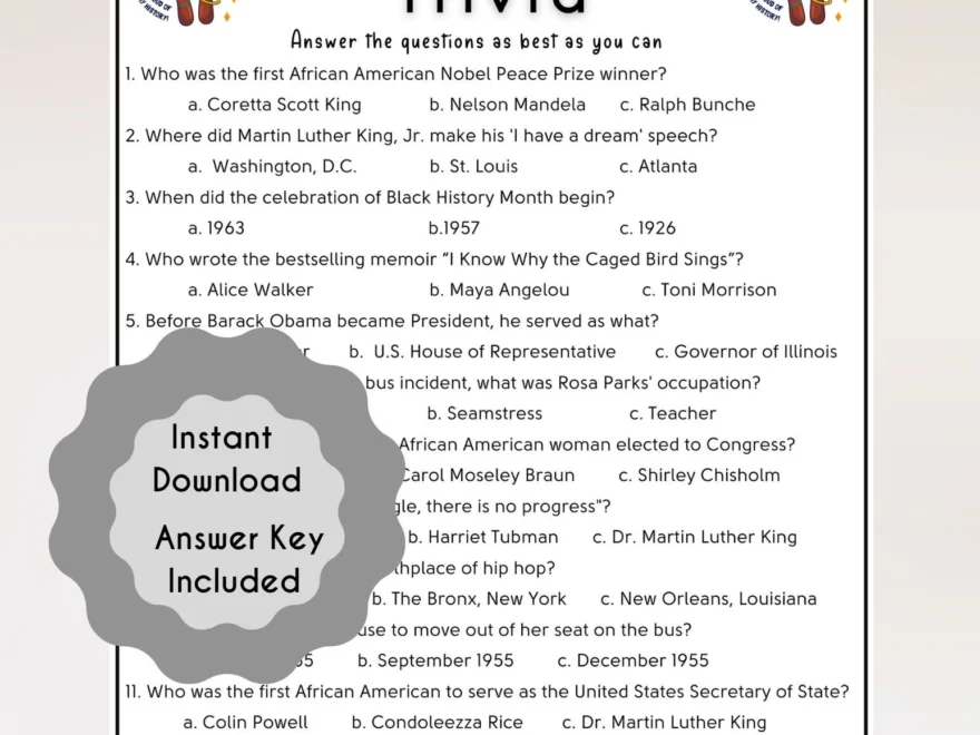 Black History Month Trivia Game Fun School Quiz printable PDF Etsy Israel