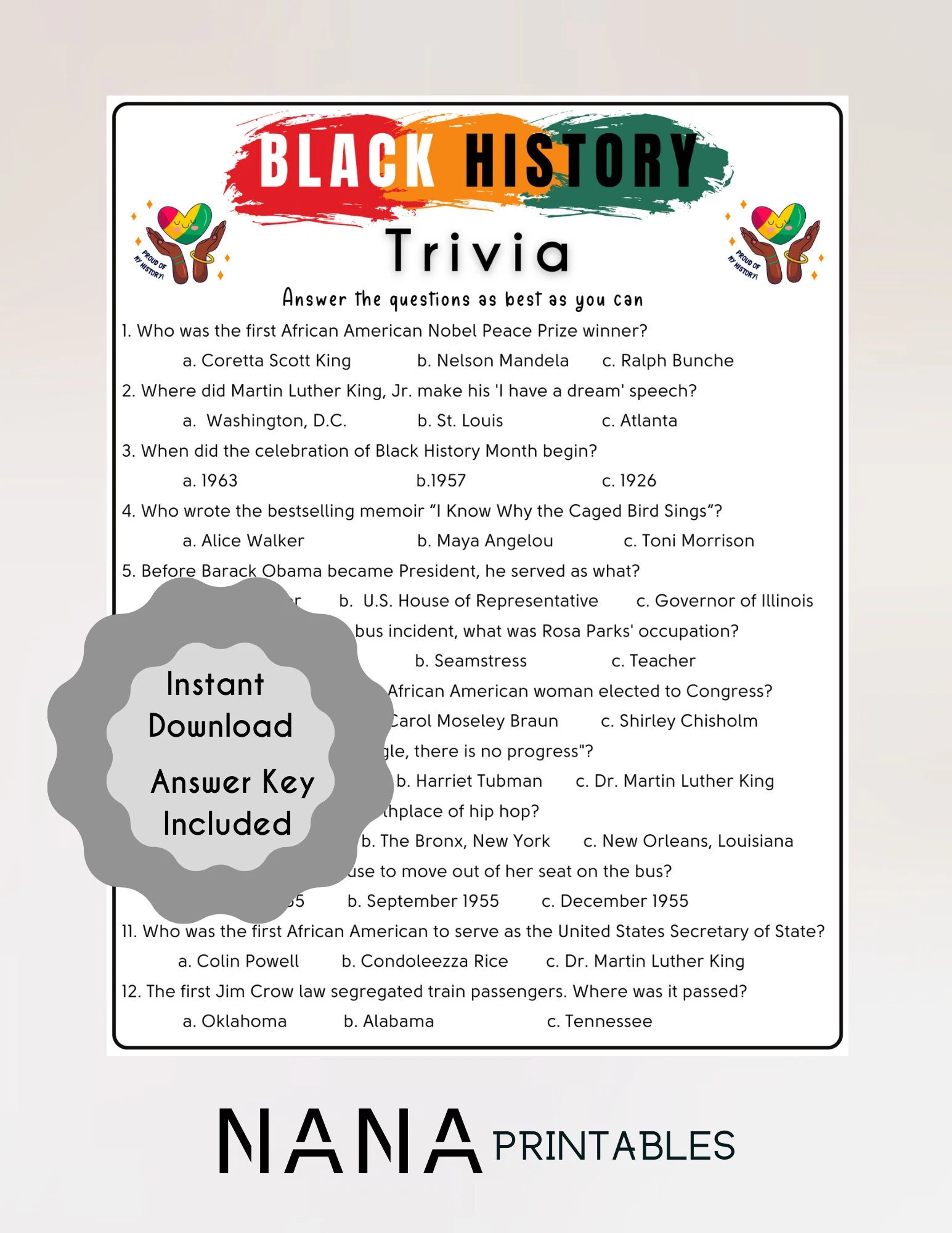 Black History Month Trivia Game Fun School Quiz printable PDF Etsy Israel