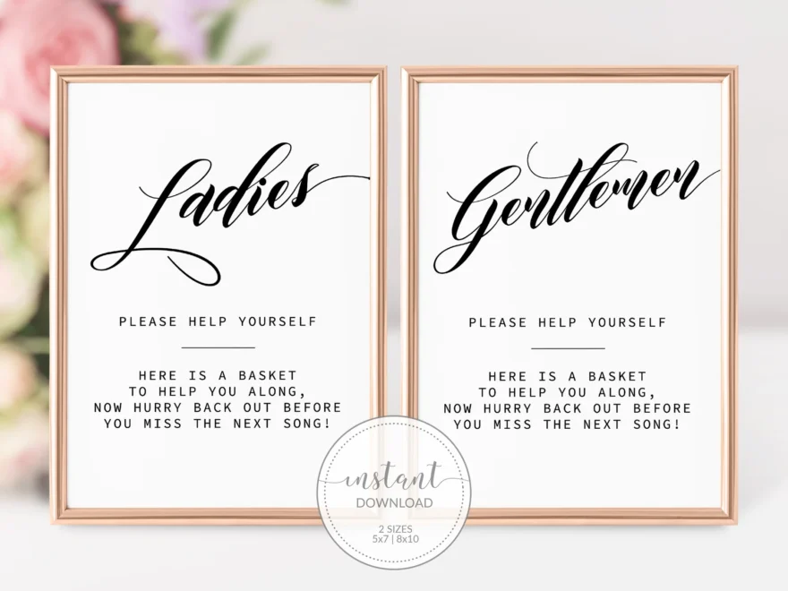 Black Script Wedding Bathroom Basket Sign Printable Minimalist Ladies PlumPolkaDot