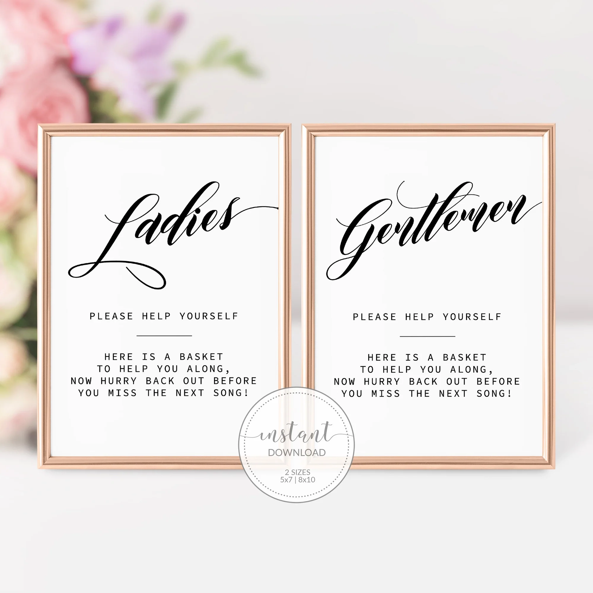 Black Script Wedding Bathroom Basket Sign Printable Minimalist Ladies PlumPolkaDot