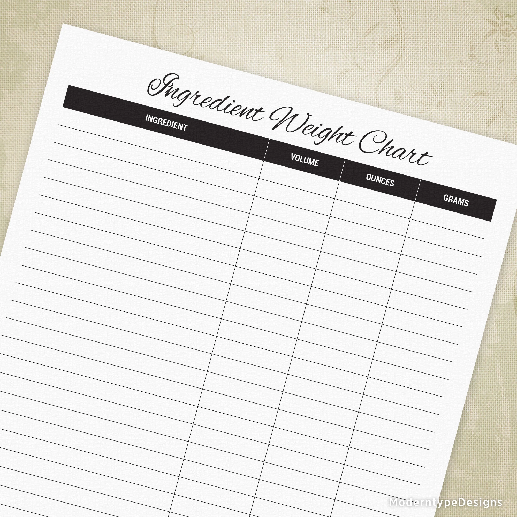 Printable Ngredient Weight Chart