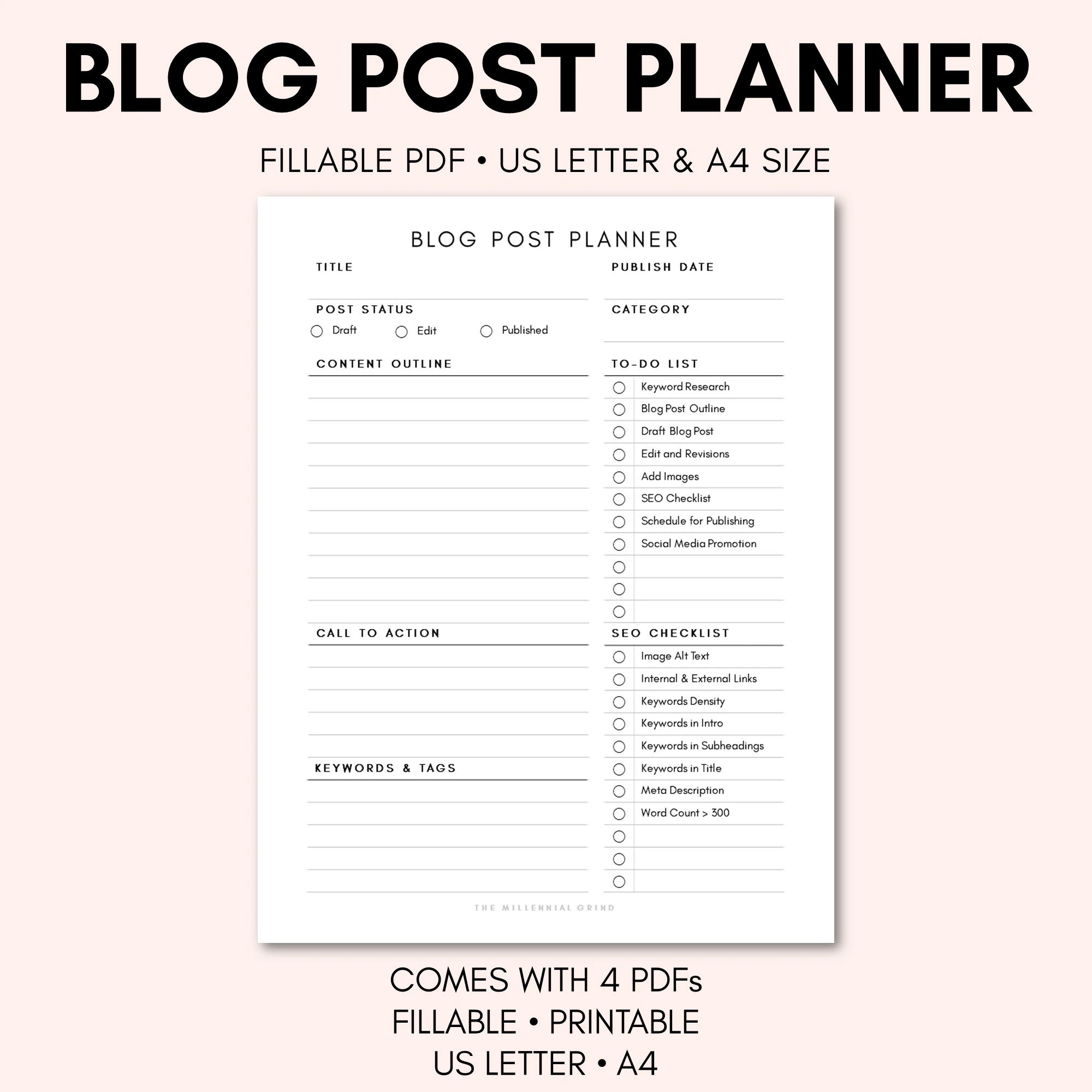 Blog Post Planner Blogging Planner Blog Post Checklist Template Fillable PDF Printable Worksheet US Letter And A4 Etsy