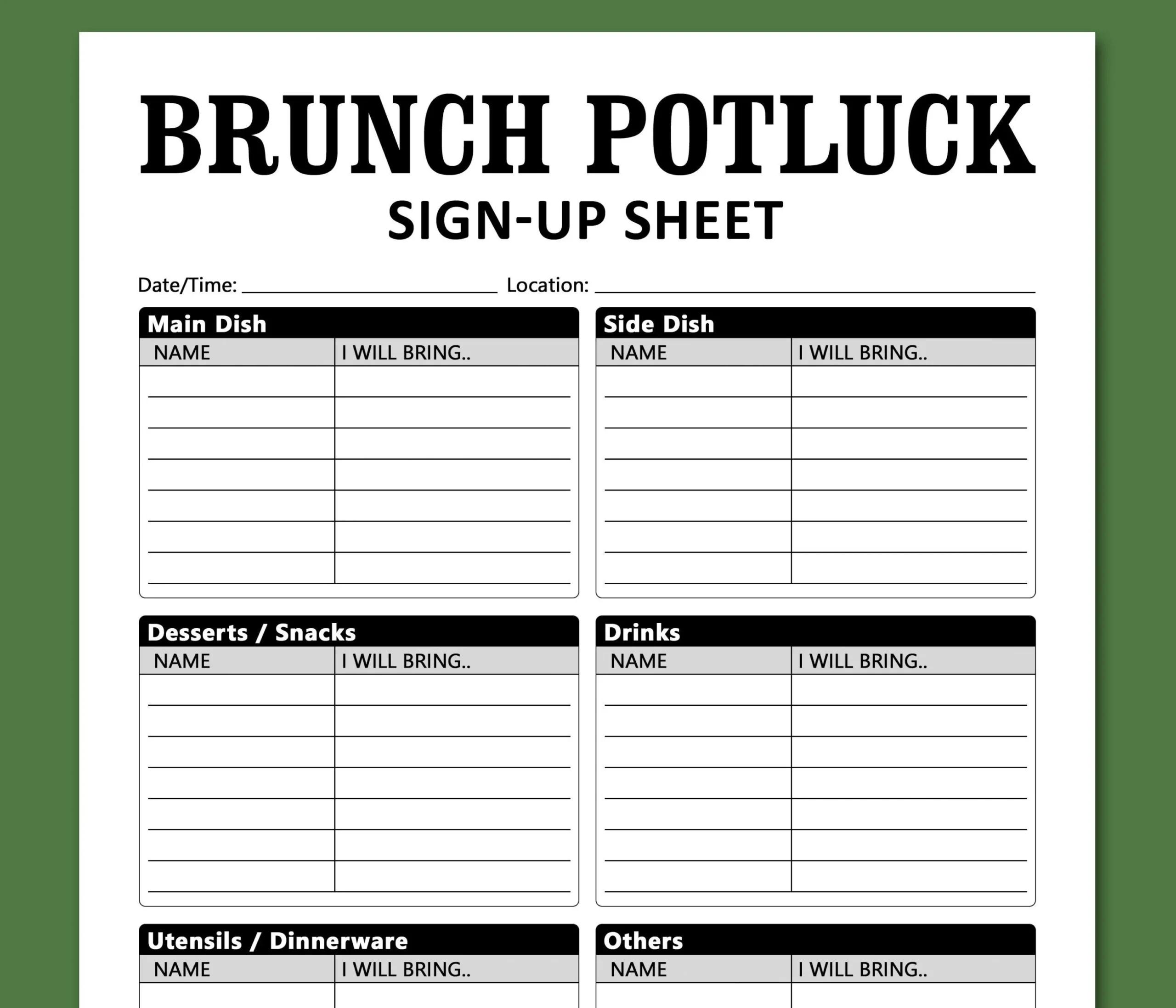 Breakfast Potluck Sign Up Sheet Printable Breakfast Potluck Sign Up Sheet Printable