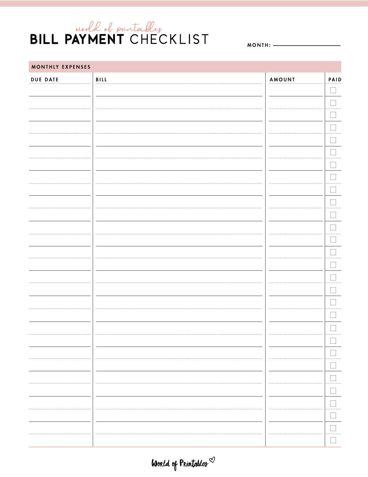 Printable List Of Bills Account Information