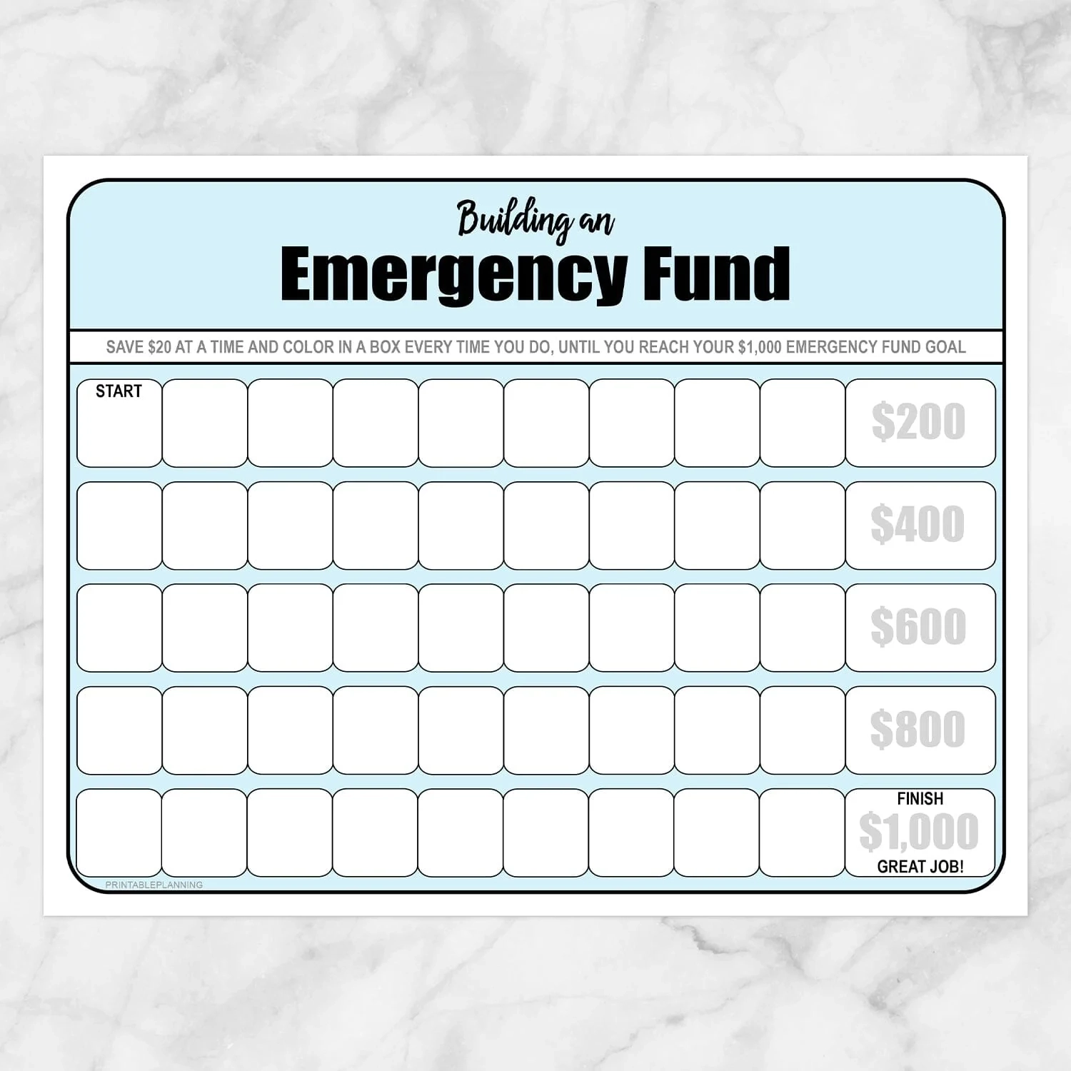 Building An Emergency Fund Worksheet In Blue by 20 Increments Pri Printable Planning