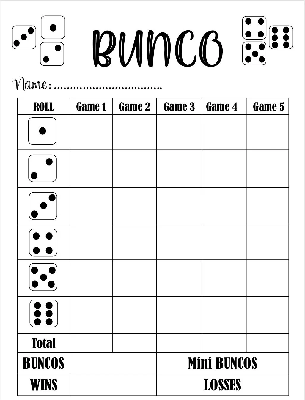 Free Printable Bunco Score Sheet