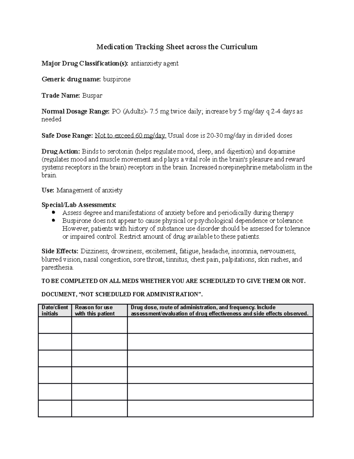 Buspar Med Tracking Medication Tracking Sheet Across The Curriculum Major Drug Studocu