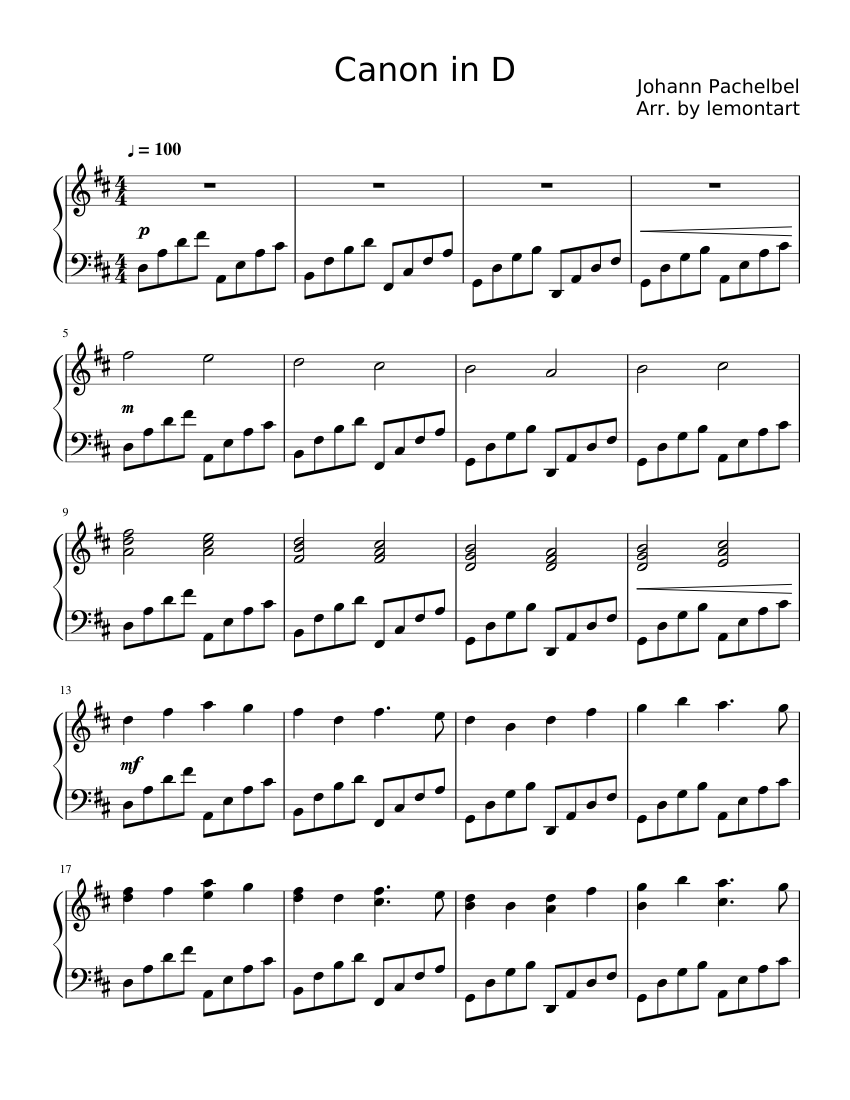 Canon In D Johann Pachelbel Sheet Music For Piano Solo MuseScore