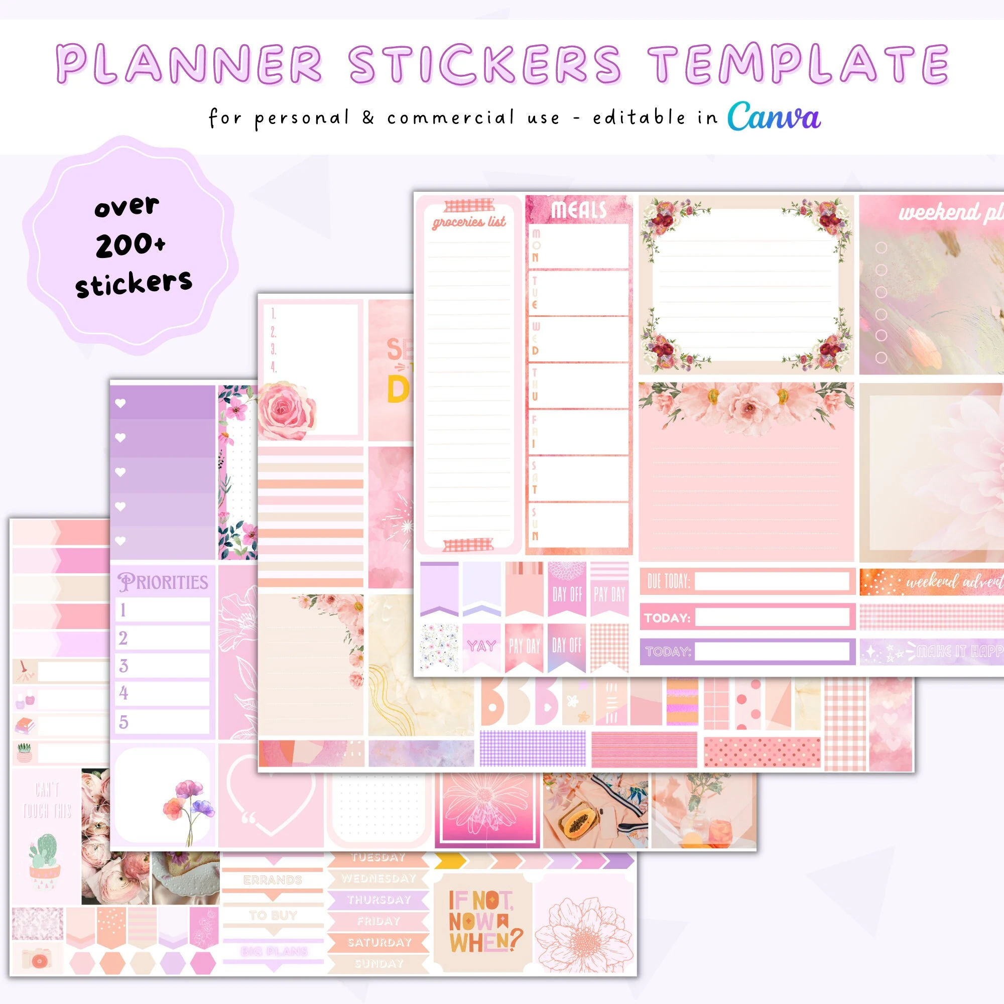 Canva Planner Sticker Template Digital Planner Stickers Template Floral Sticker Sheet Template Commercial Use Etsy