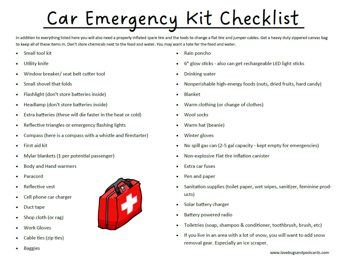 Car Emergency Kit with Free Printables Lovebugs And Postcards