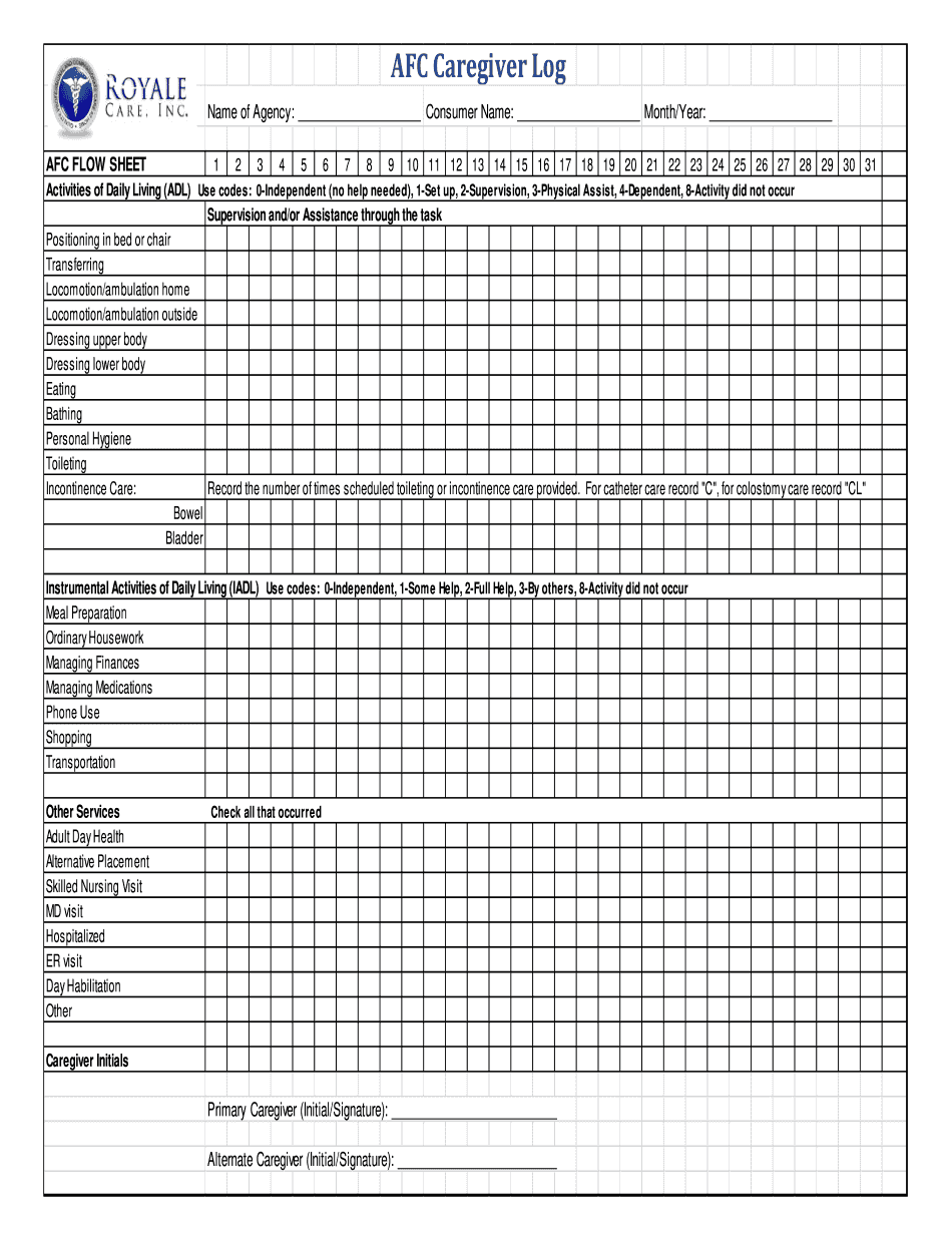 Caregiver Daily Schedule Template Printable Blank PDF Online