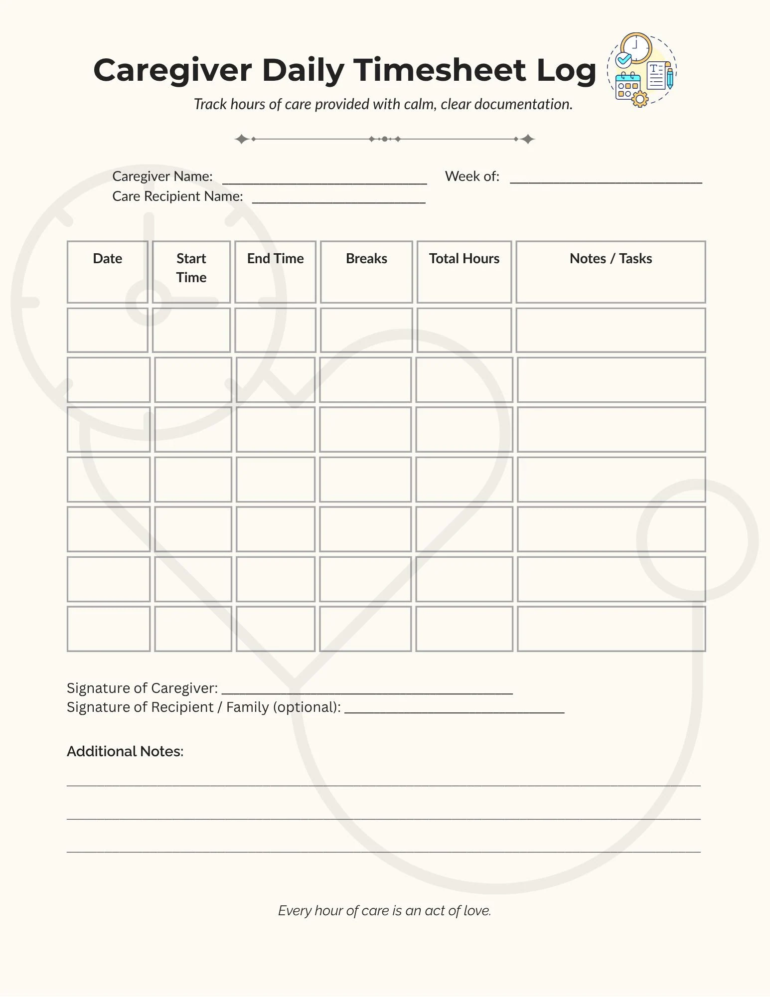 Printable Hourly Chart For Caregivers