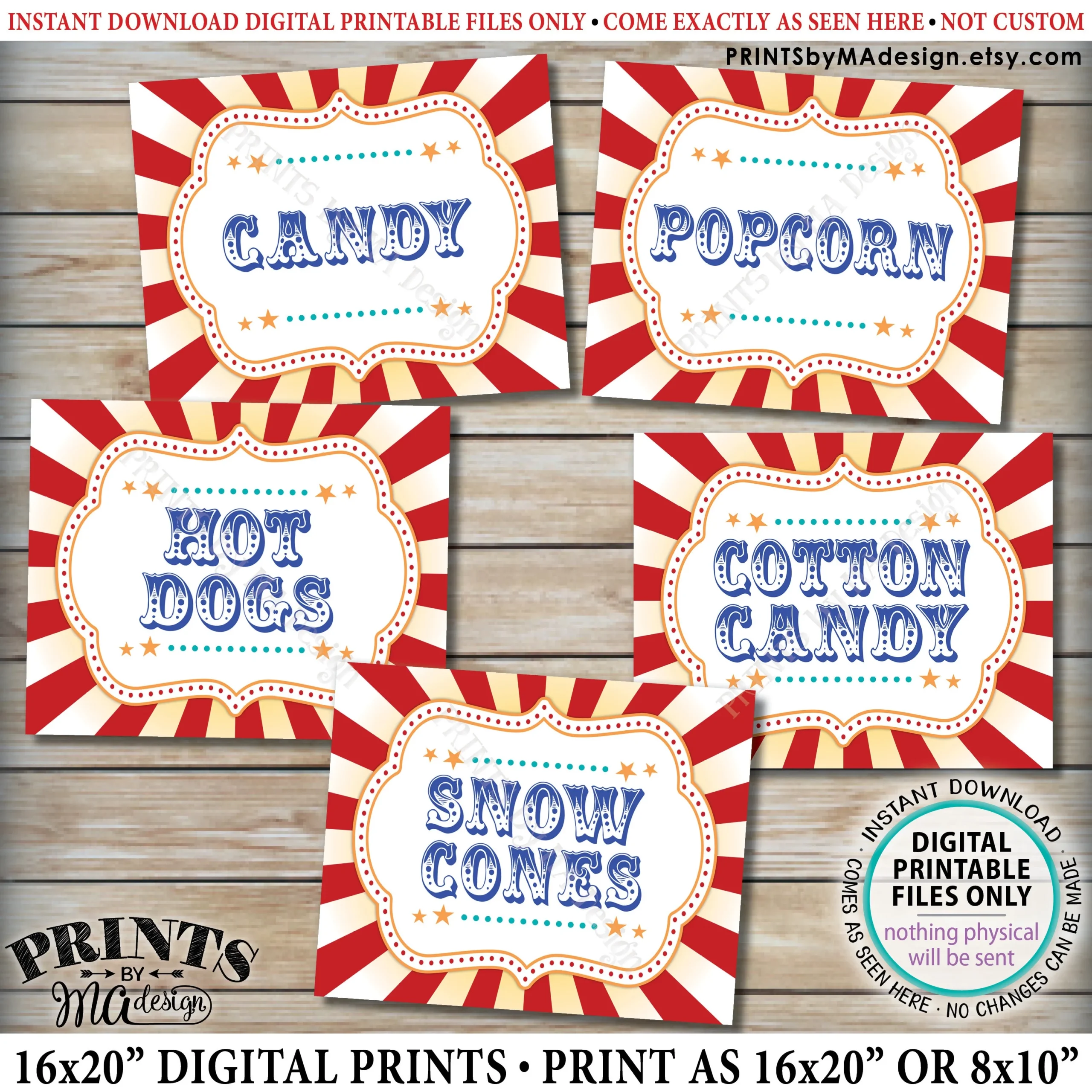 Carnival Food Signs Popcorn Cotton Candy Hot Dogs Candy Snow Cones Circus Party PRINTABLE 8x10 16x20 Carnival Theme Food Signs
