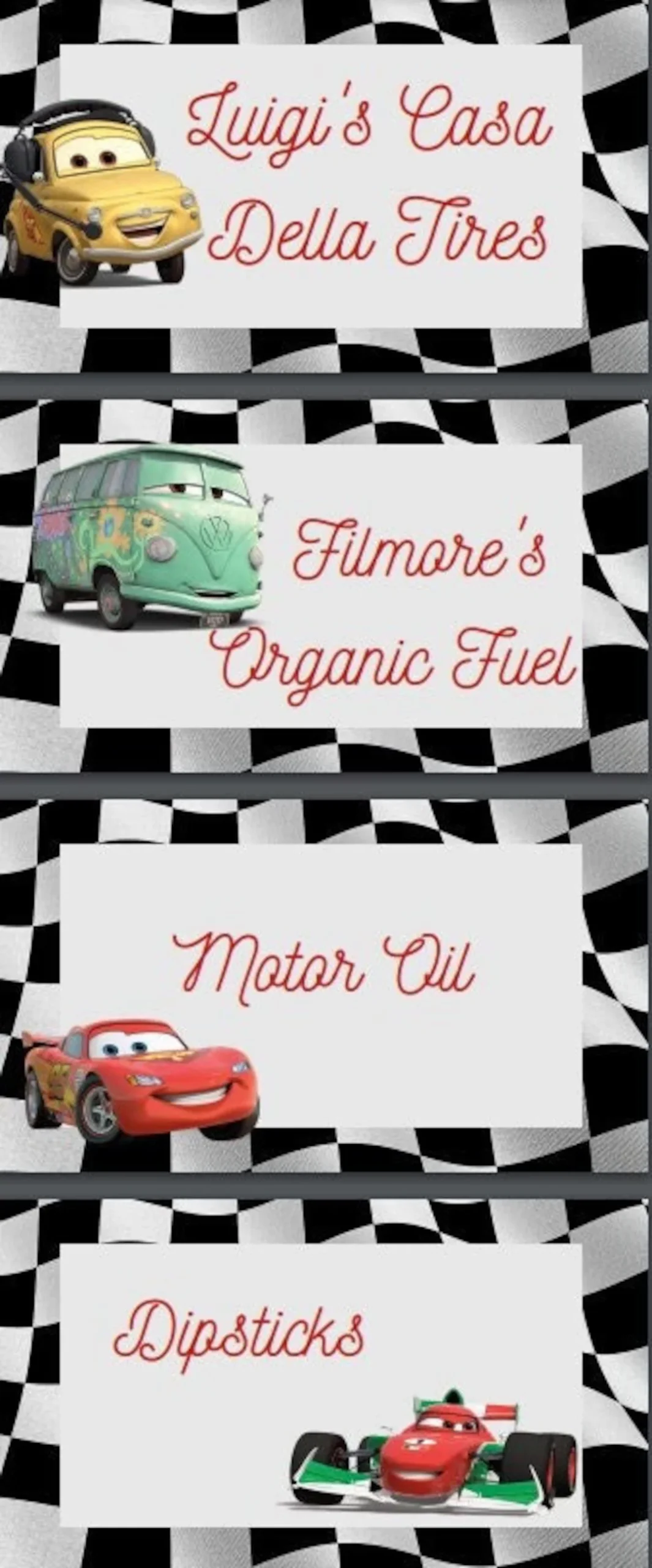 Cars Movie Food Tags Etsy Cars Movie Food Tags Etsy