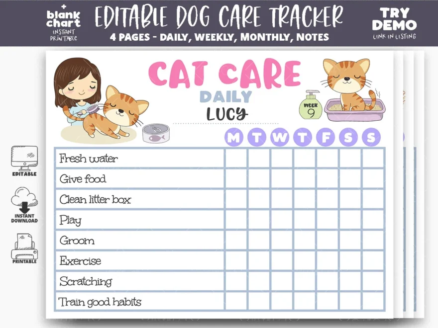 Cat Care Printable Planner Cat Tracker Kitten Feeding Schedule Pet Chores Chart Cute Kids Chores Chart Edit With Corjl Editable PCK02 Etsy