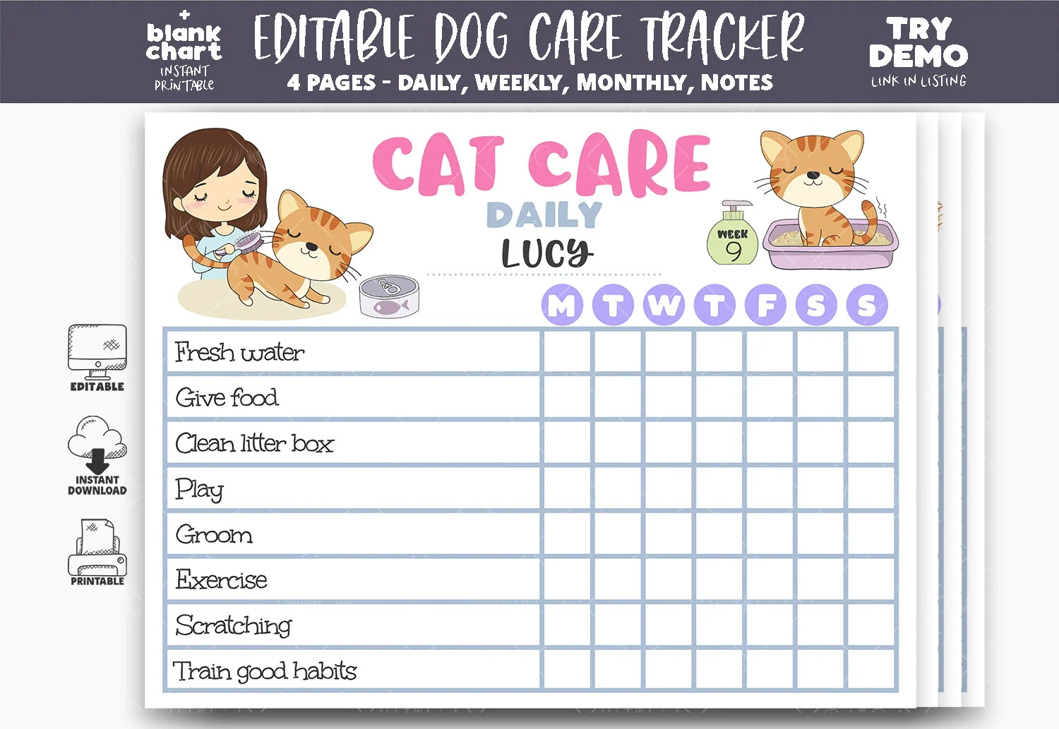 Cat Care Printable Planner Cat Tracker Kitten Feeding Schedule Pet Chores Chart Cute Kids Chores Chart Edit With Corjl Editable PCK02 Etsy