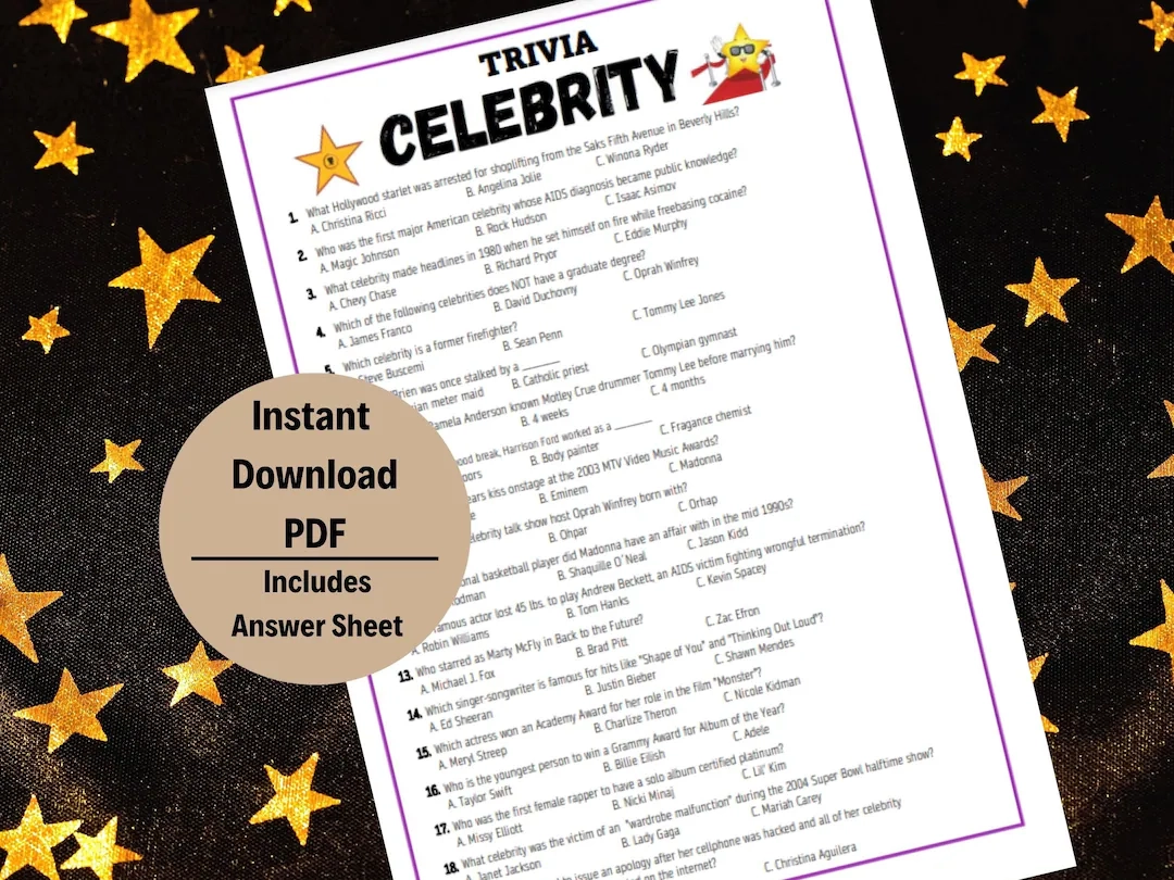 Celebrity Trivia Celebrity Quiz Celebrity Game Trivia Games Movie Star Trivia Trivia Questions Indoor Family Games Hollywood Trivia Etsy