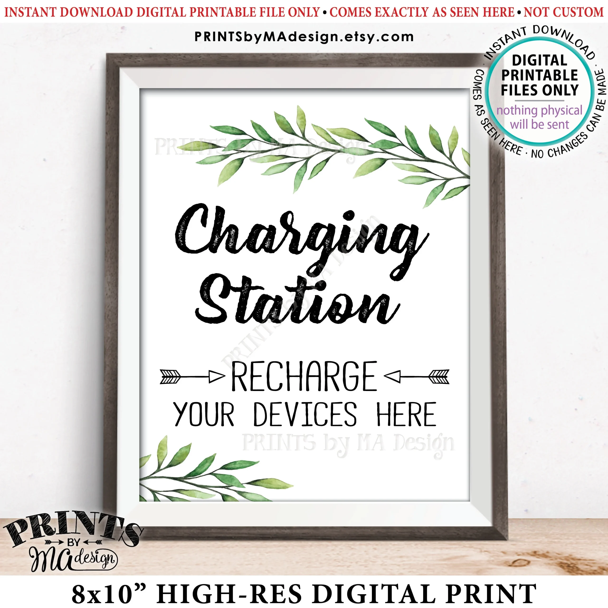Charging Station Sign Recharge Your Devices Here Wedding Charge Bar Recharge Here Wedding Greenery Eucalyptus PRINTABLE 8x10 Sign