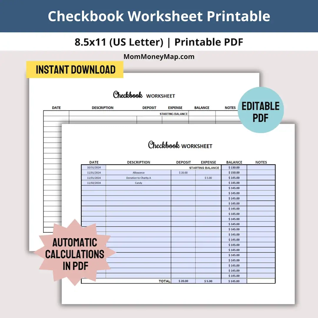 Checkbook Worksheet Printable PDF Check Register Reconciliation Worksheet Worksheet To Balance Checkbook Checkbook Balance Sheets PDF Etsy