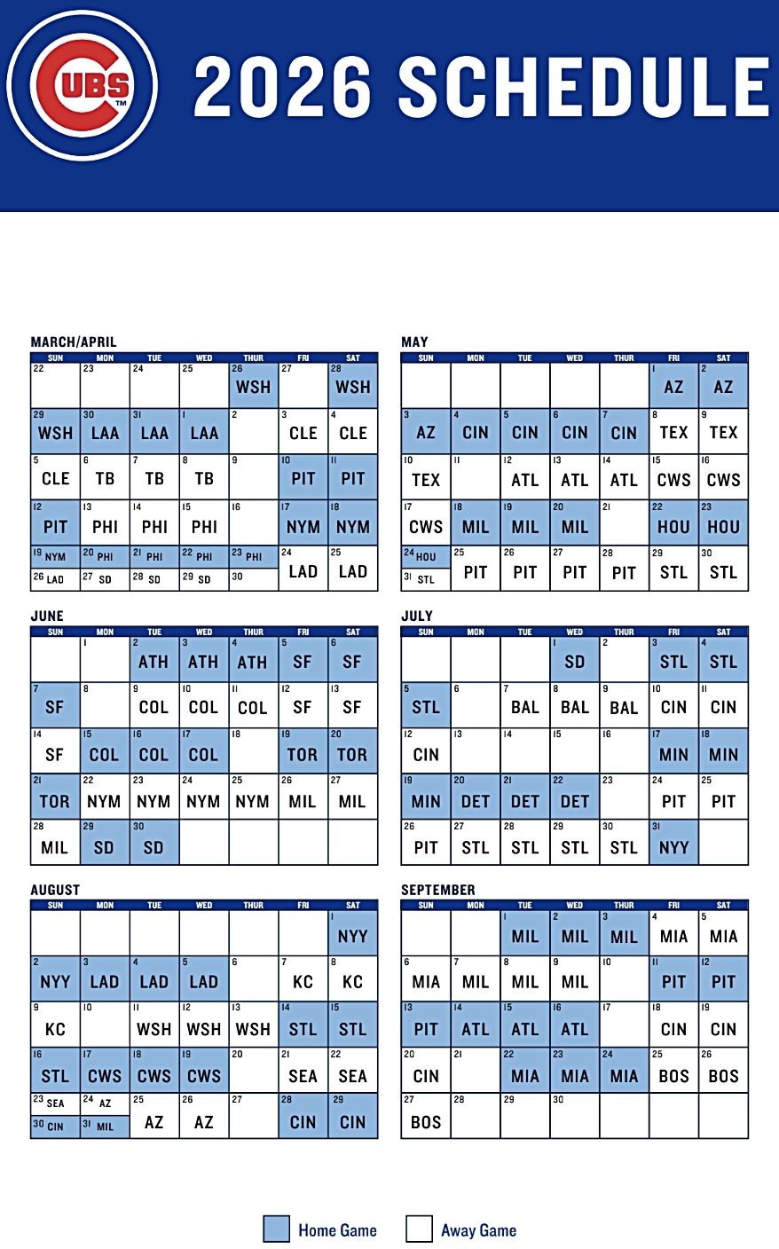 Cubs Printable 2026 Schedule