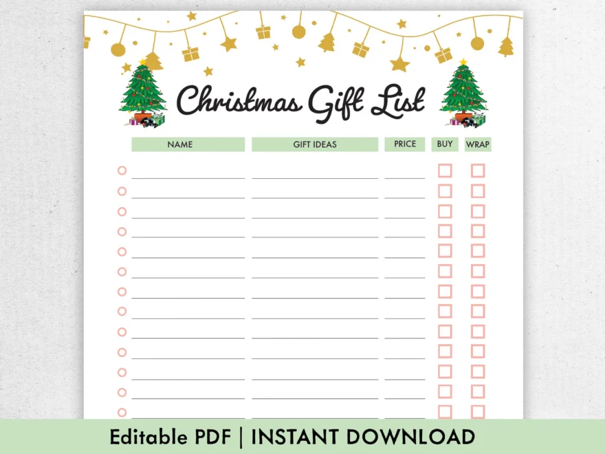 Christmas Gift List Printable Fillable Editable PDF Christmas Planner Printable Christmas To Do List Template Holiday Gift List Etsy