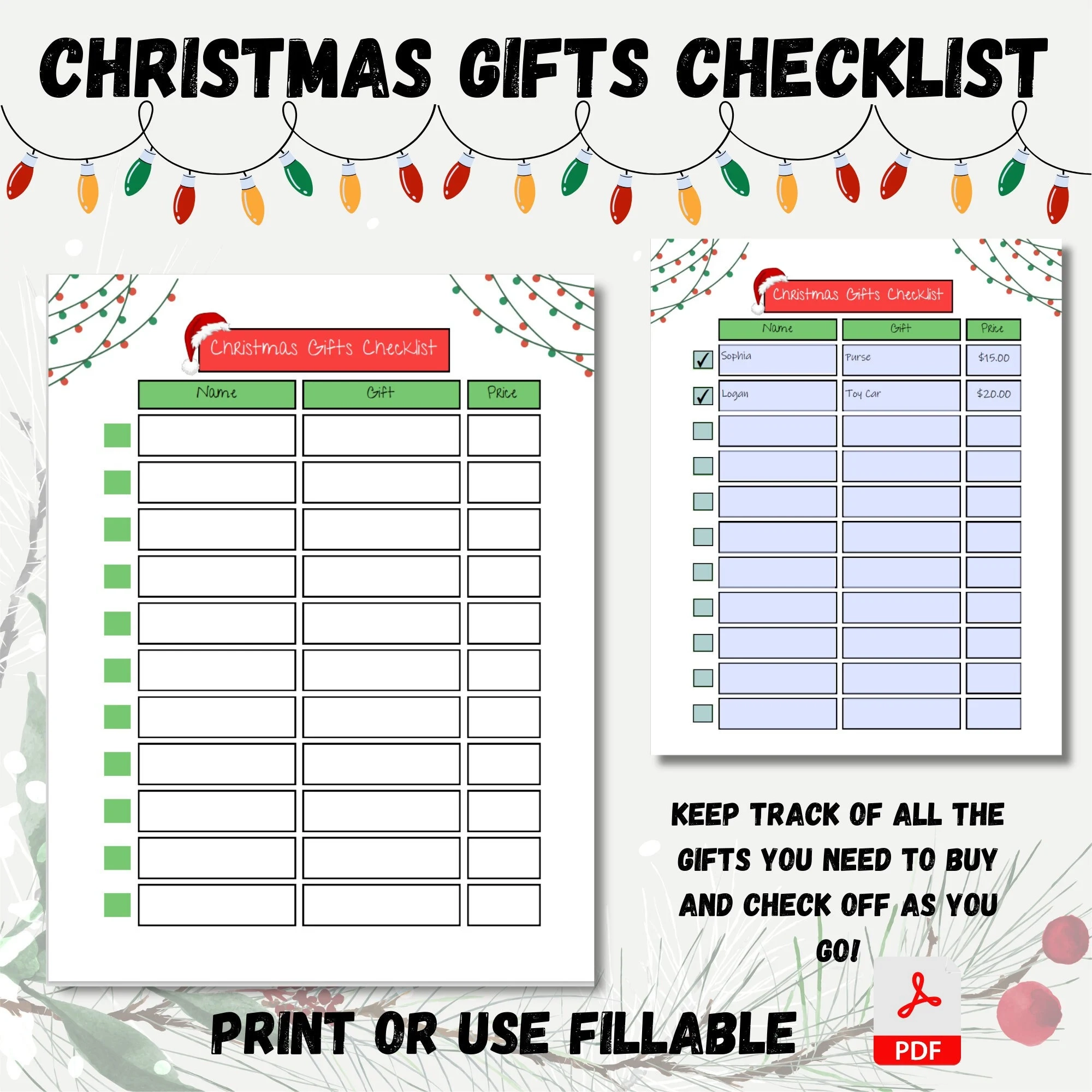Christmas Gifts Checklist Fillable PDF Printable Holiday Tracker Xmas Planner Gift Budget Christmas To Do List Holiday Shopping Etsy