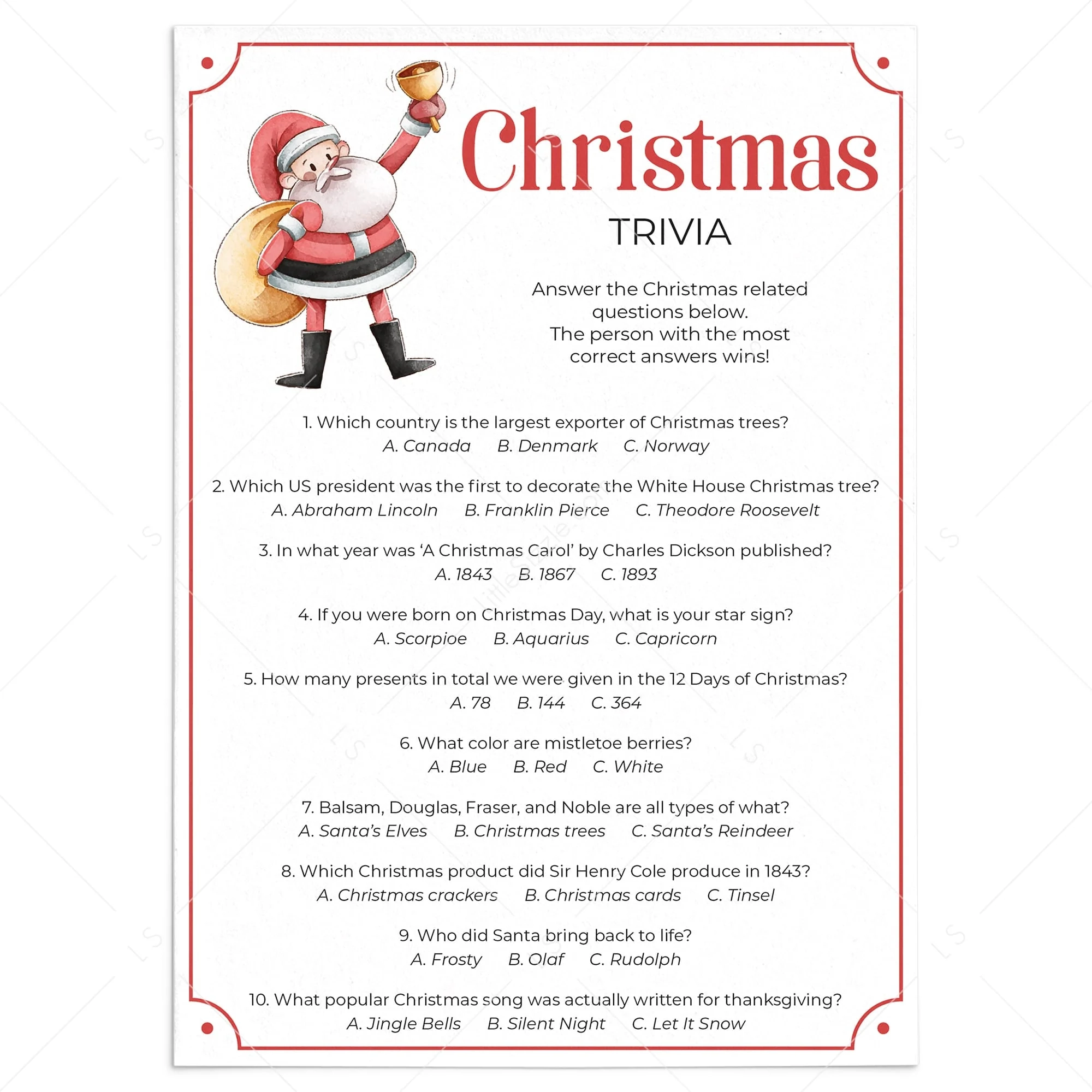 Christmas Multiple Choice Trivia With Answers Printable LittleSizzle