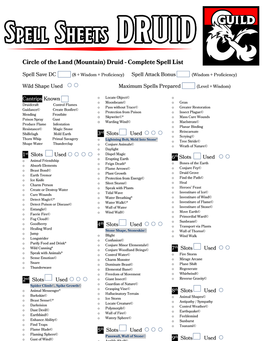 Class Specific Spell Sheets Druid V1 6 EE UA XGtE TCoE Dungeon Masters Guild Dungeon Masters Guild Class Specific Spell Sheets Druid V1 6 EE UA XGtE TCoE Dungeon Masters Guild Dungeon Masters Guild