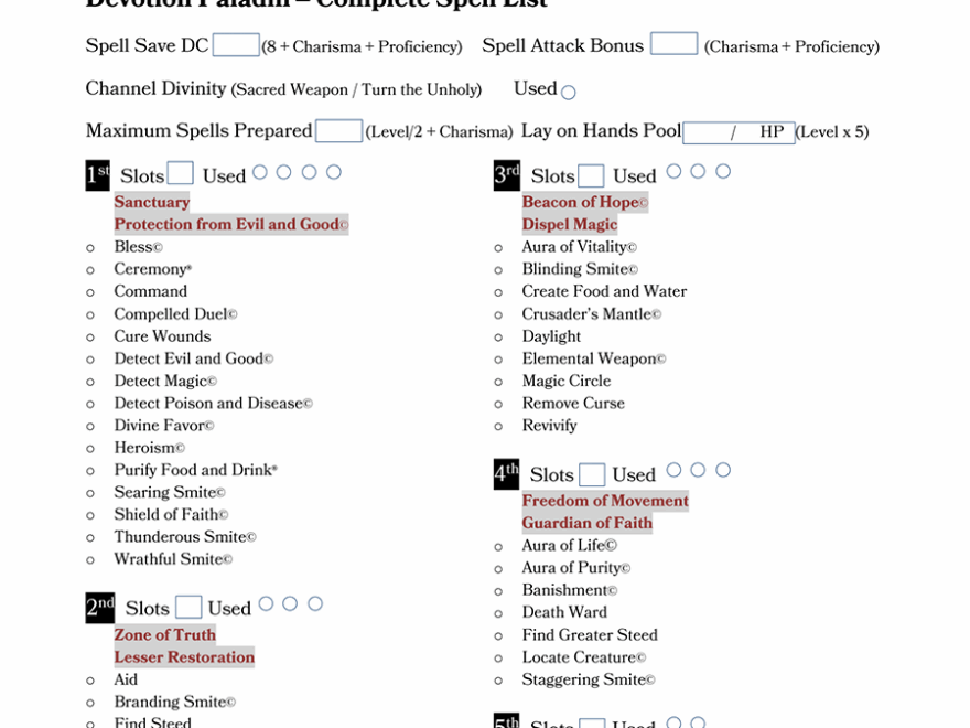 Class Specific Spell Sheets Paladin V1 4 EE UA XGtE Dungeon Masters Guild Dungeon Masters Guild