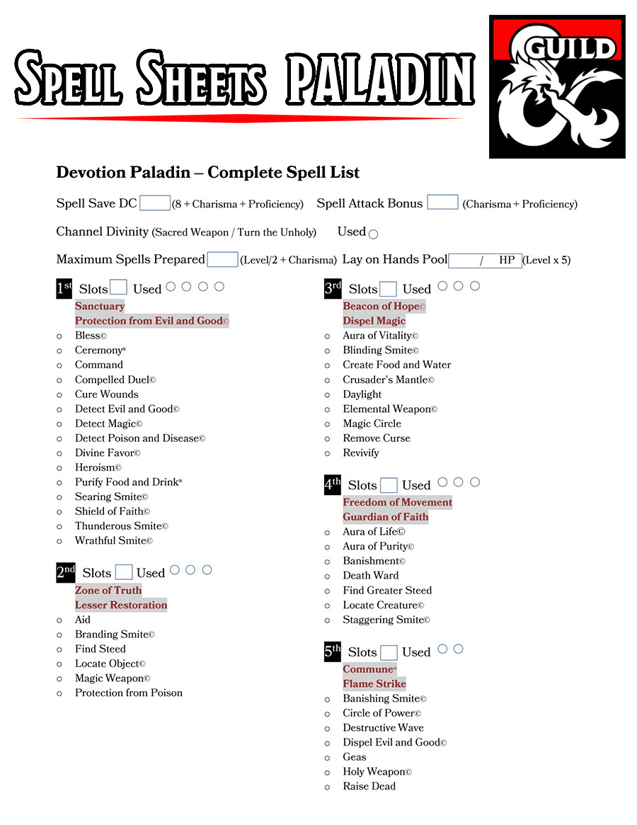Class Specific Spell Sheets Paladin V1 4 EE UA XGtE Dungeon Masters Guild Dungeon Masters Guild