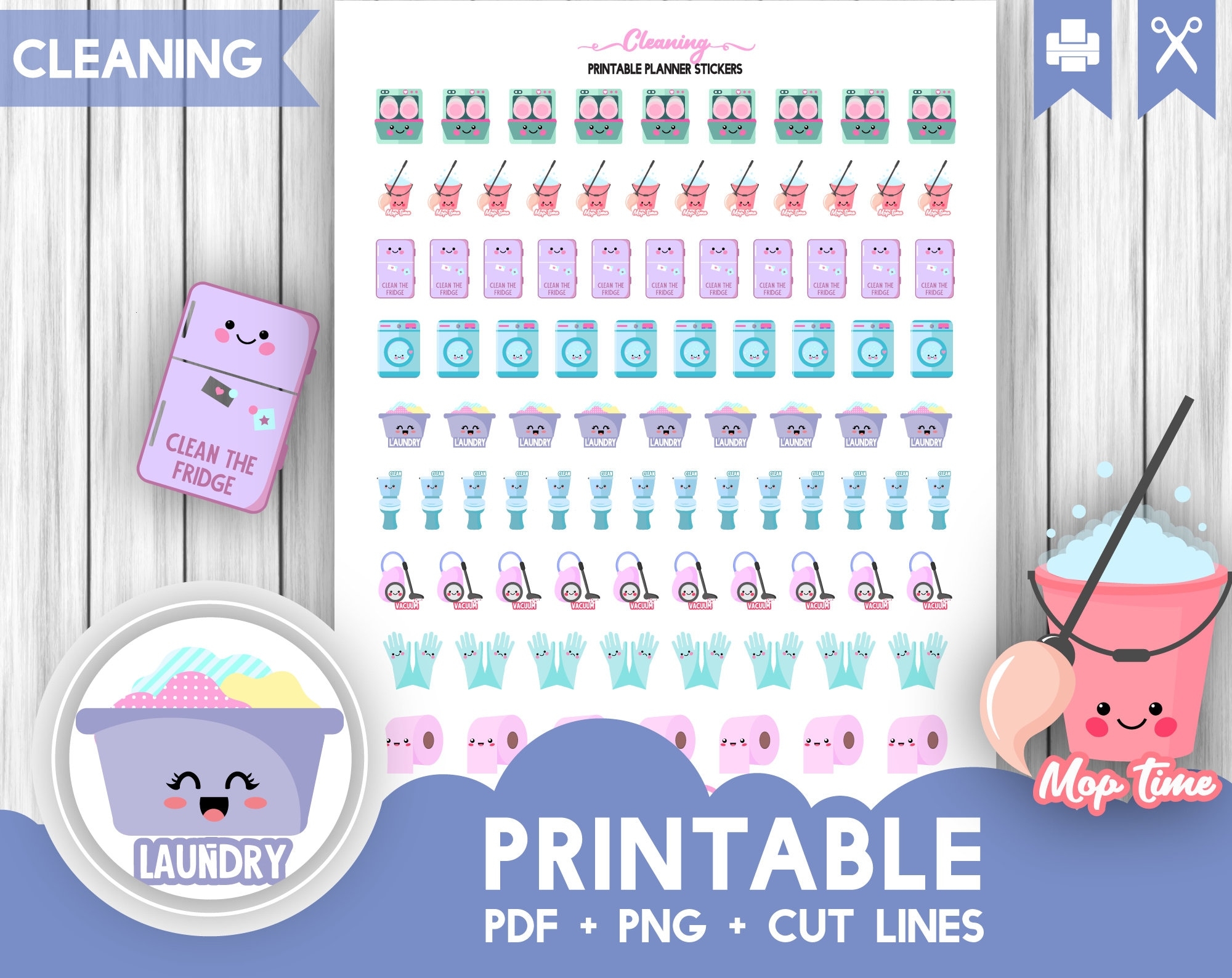 Cleaning Planner Stickers Printable Chore Stickers Chore Planner Bullet Journal Laundry Stickers Cute Kawaii Stickers Etsy