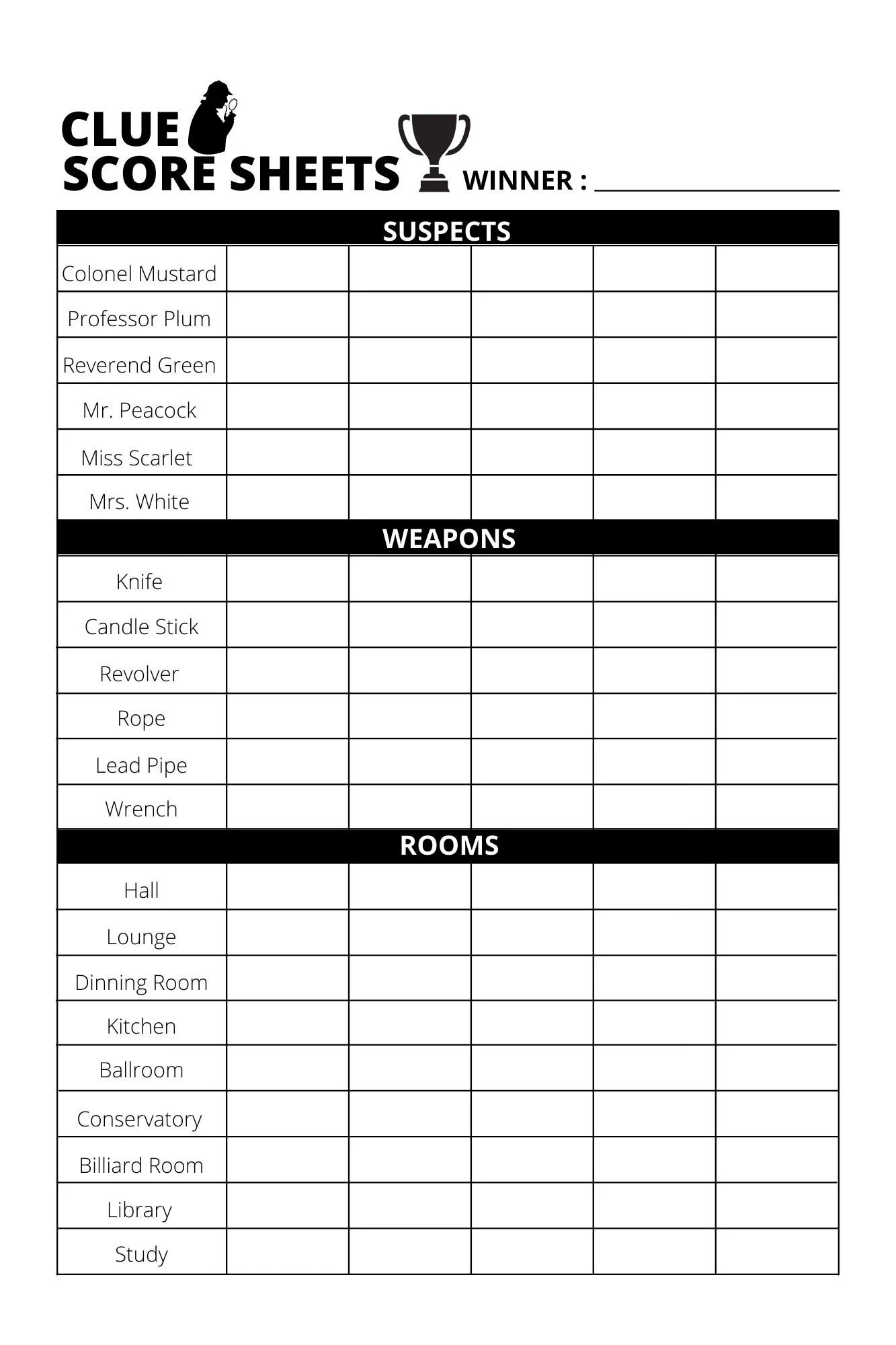 Clue Score Sheet Download print PDF File Etsy