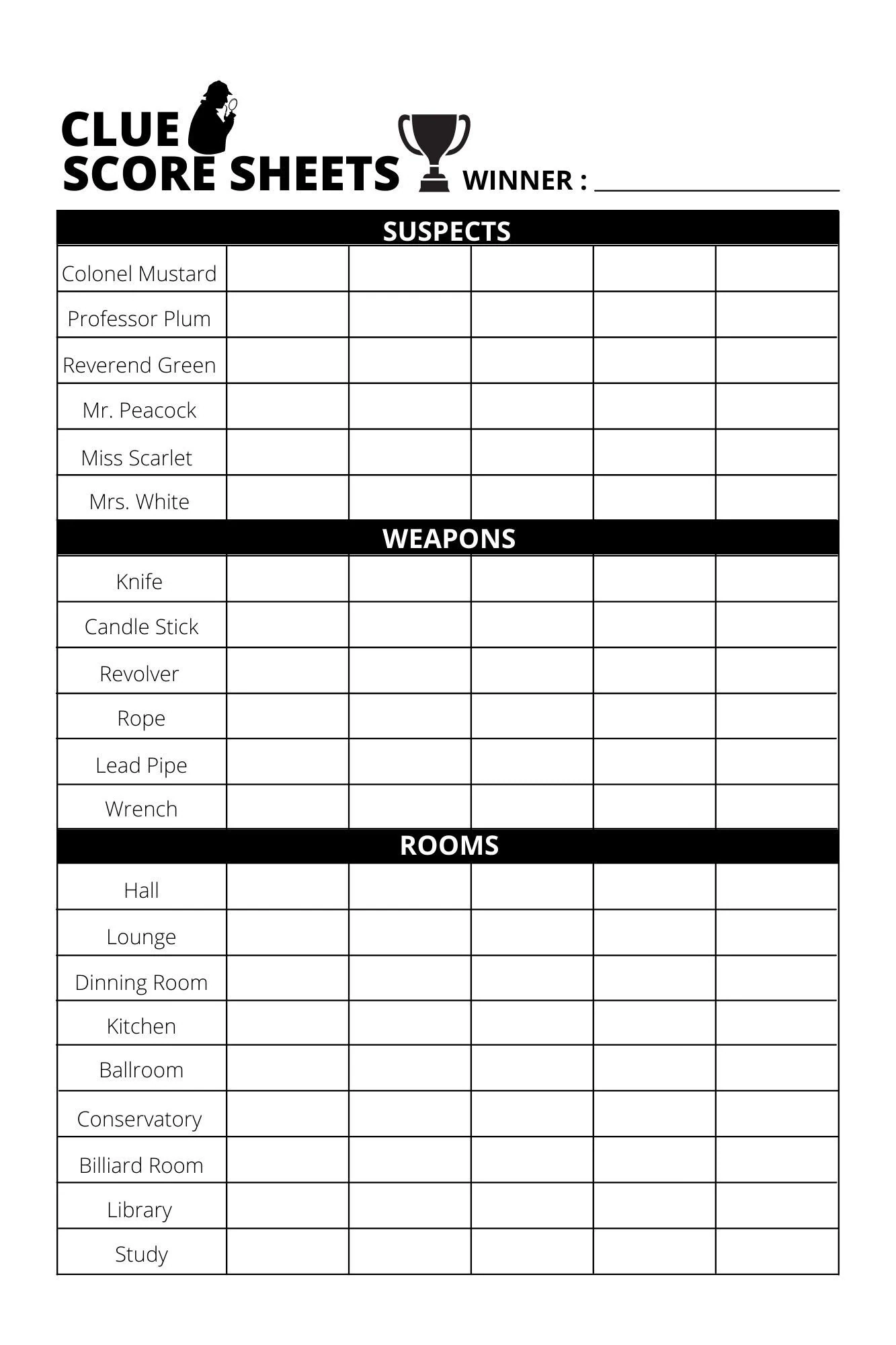 Clue Score Sheet Download print PDF File Etsy Israel