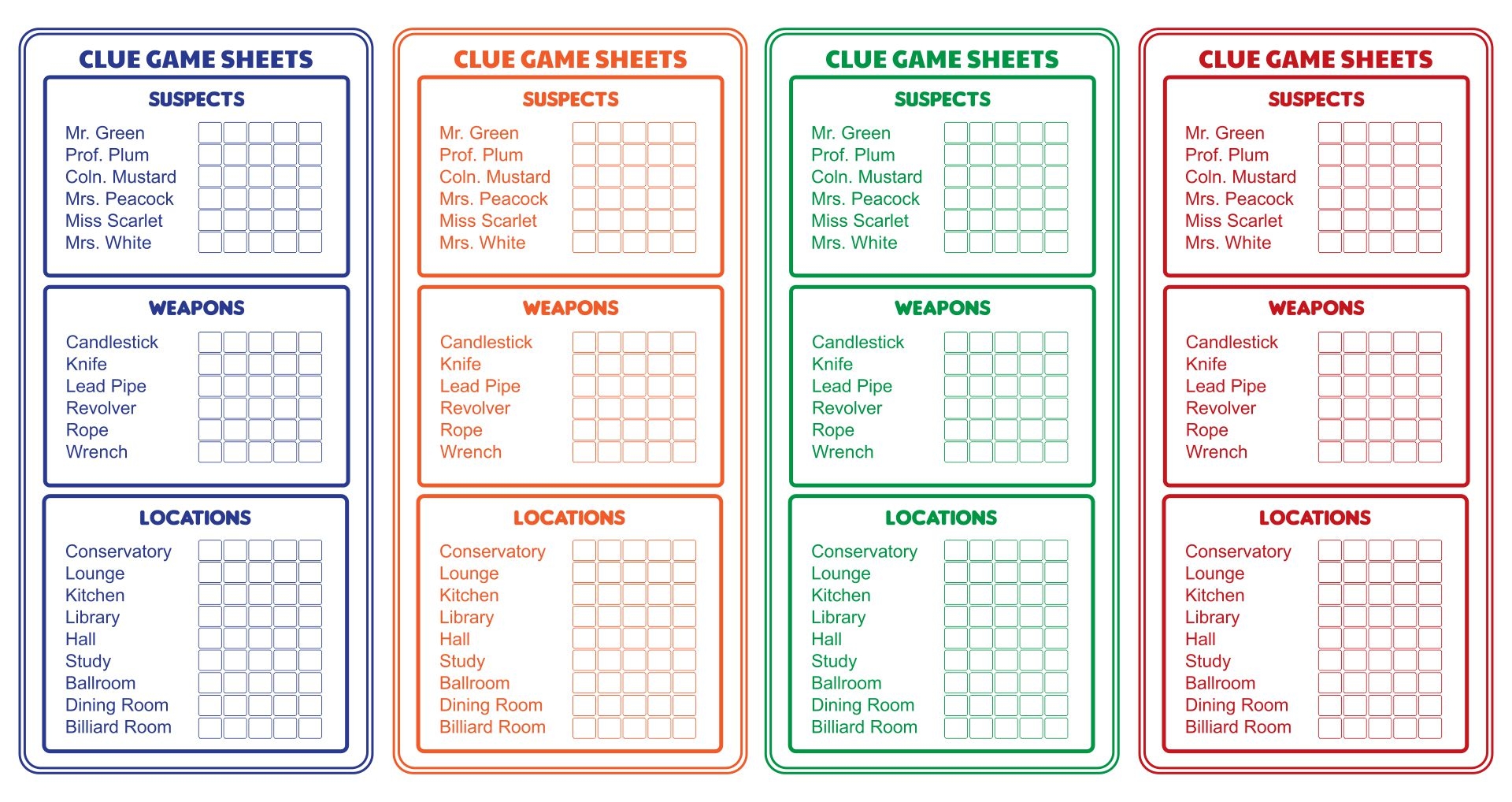 Clue Sheets Free Printable