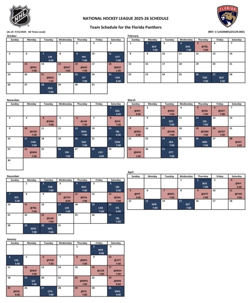 Complete Florida Panthers 2025 26 Schedule Released