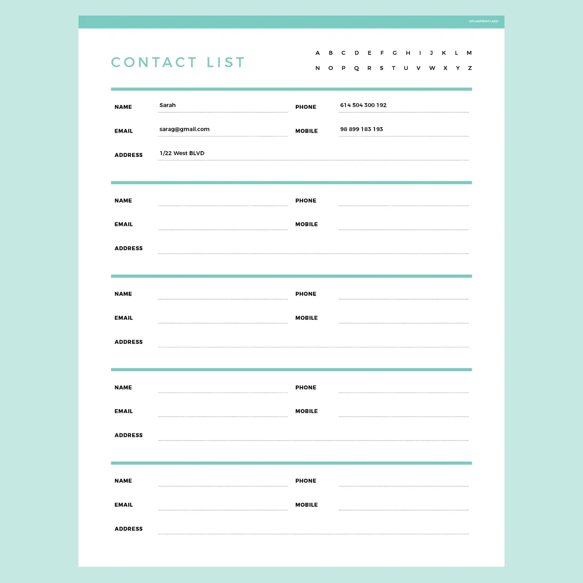 Contact List Template Editable Instant Download Fillable PDF A4 And US Letter Plan Print Land